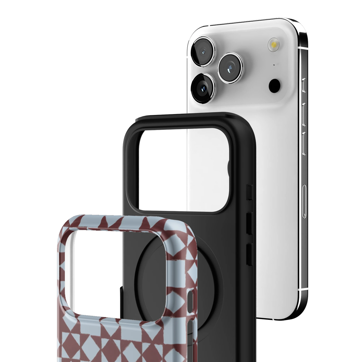 Exploded view of the Homespun Personalized iPhone 17 Pro case: printed shell, black inner layer with MagSafe ring, and phone