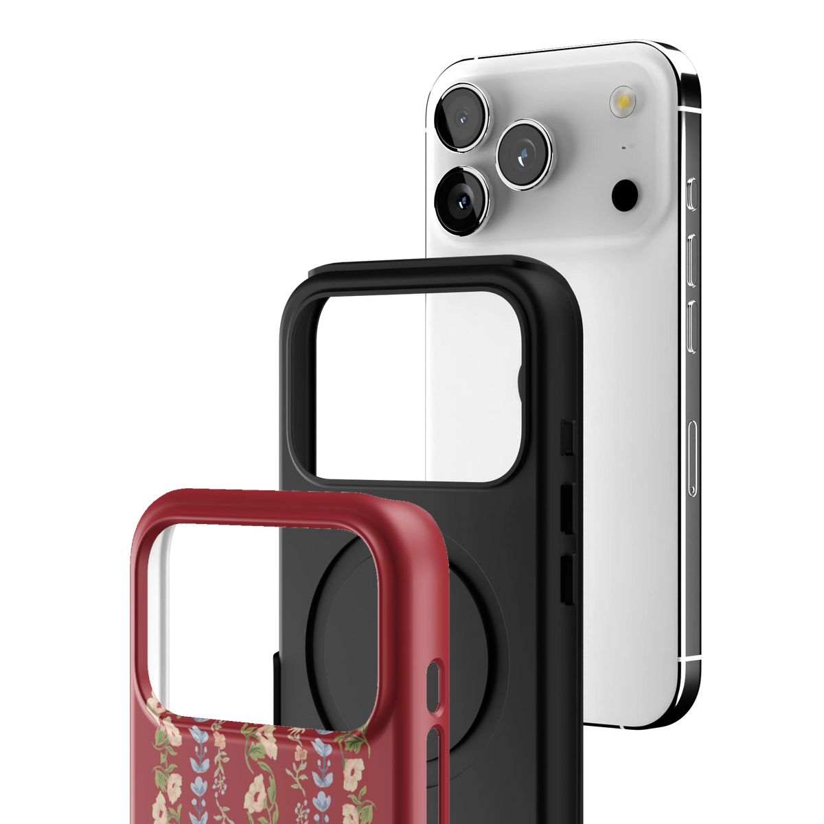 Exploded view of the Fiona iPhone 17 Pro case: printed shell, black inner layer with MagSafe ring, and phone