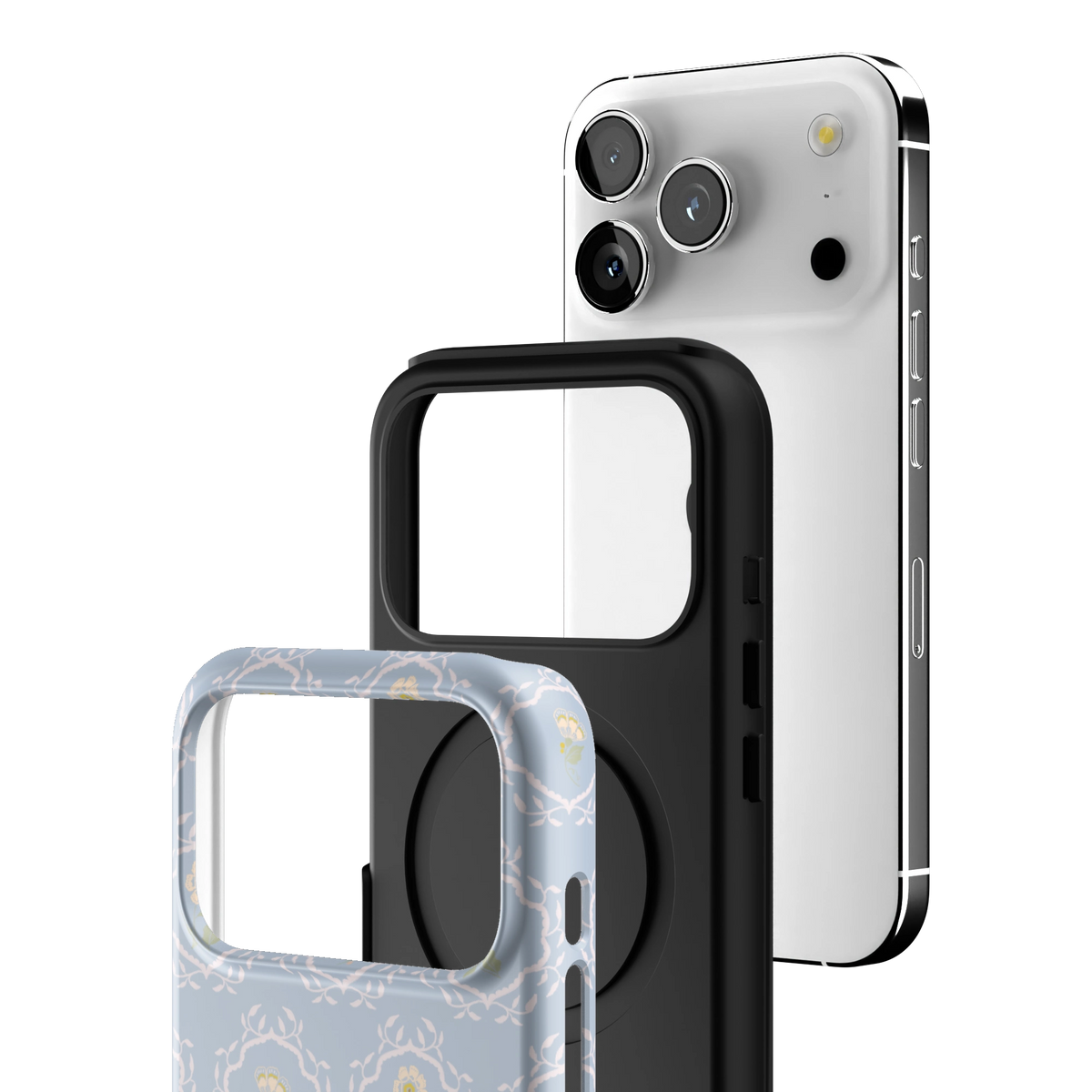 Exploded view of the Merrigold iPhone 17 Pro case: printed shell, black inner layer with MagSafe ring, and phone
