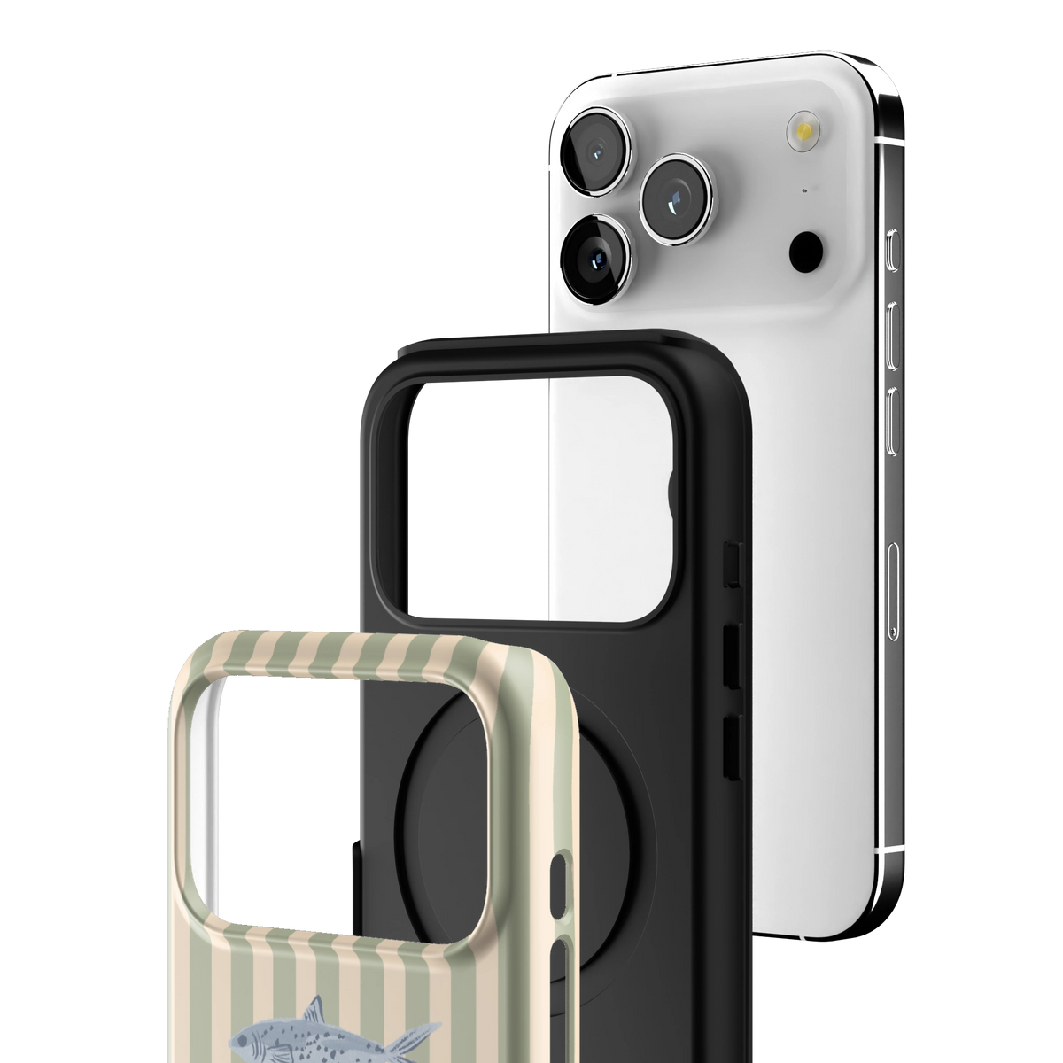 Exploded view of the Sea Stripes Personalized iPhone 17 Pro case: printed shell, black inner layer with MagSafe ring, and phone