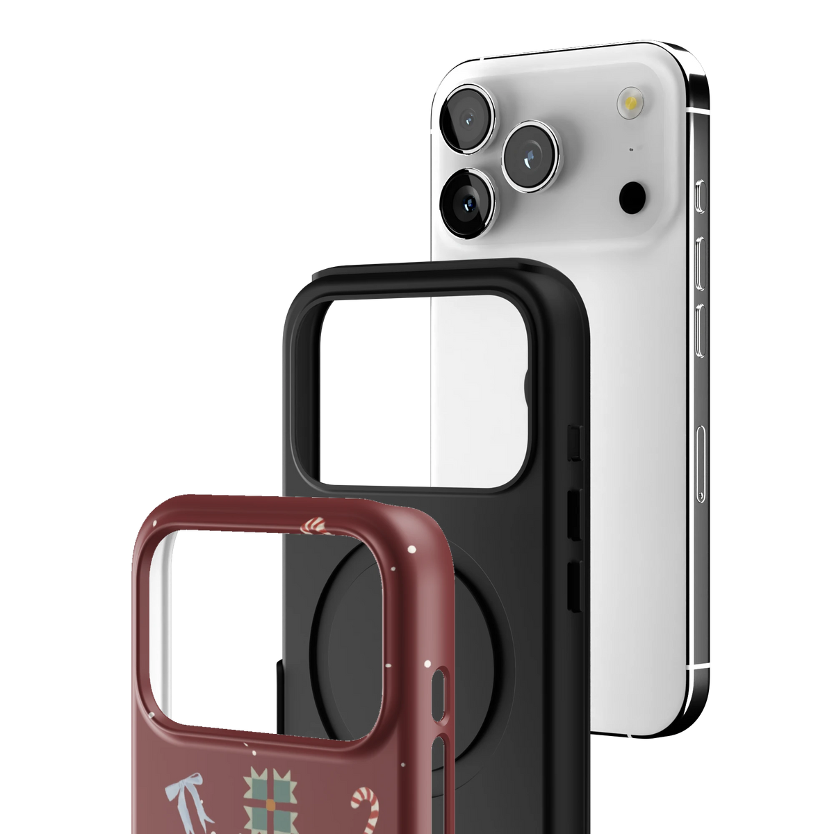 Exploded view of the Santa iPhone 17 Pro case: printed shell, black inner layer with MagSafe ring, and phone