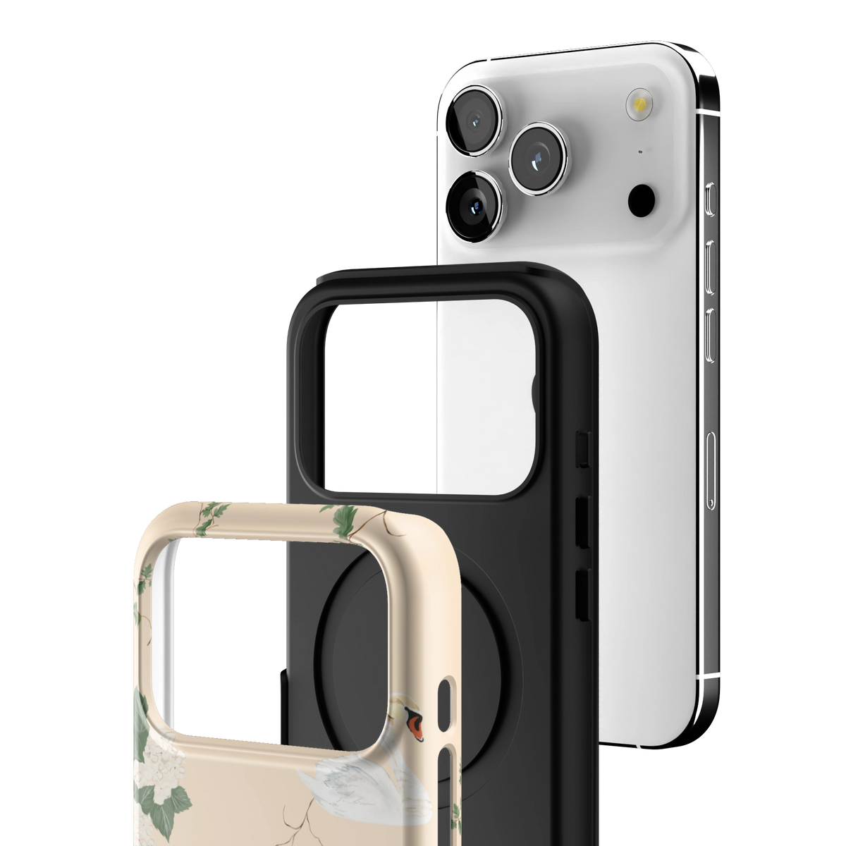 Exploded view of the Swan Hollow iPhone 17 Pro case: printed shell, black inner layer with MagSafe ring, and phone