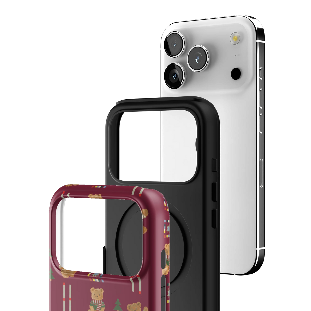 Exploded view of the Teddy iPhone 17 Pro case: printed shell, black inner layer with MagSafe ring, and phone