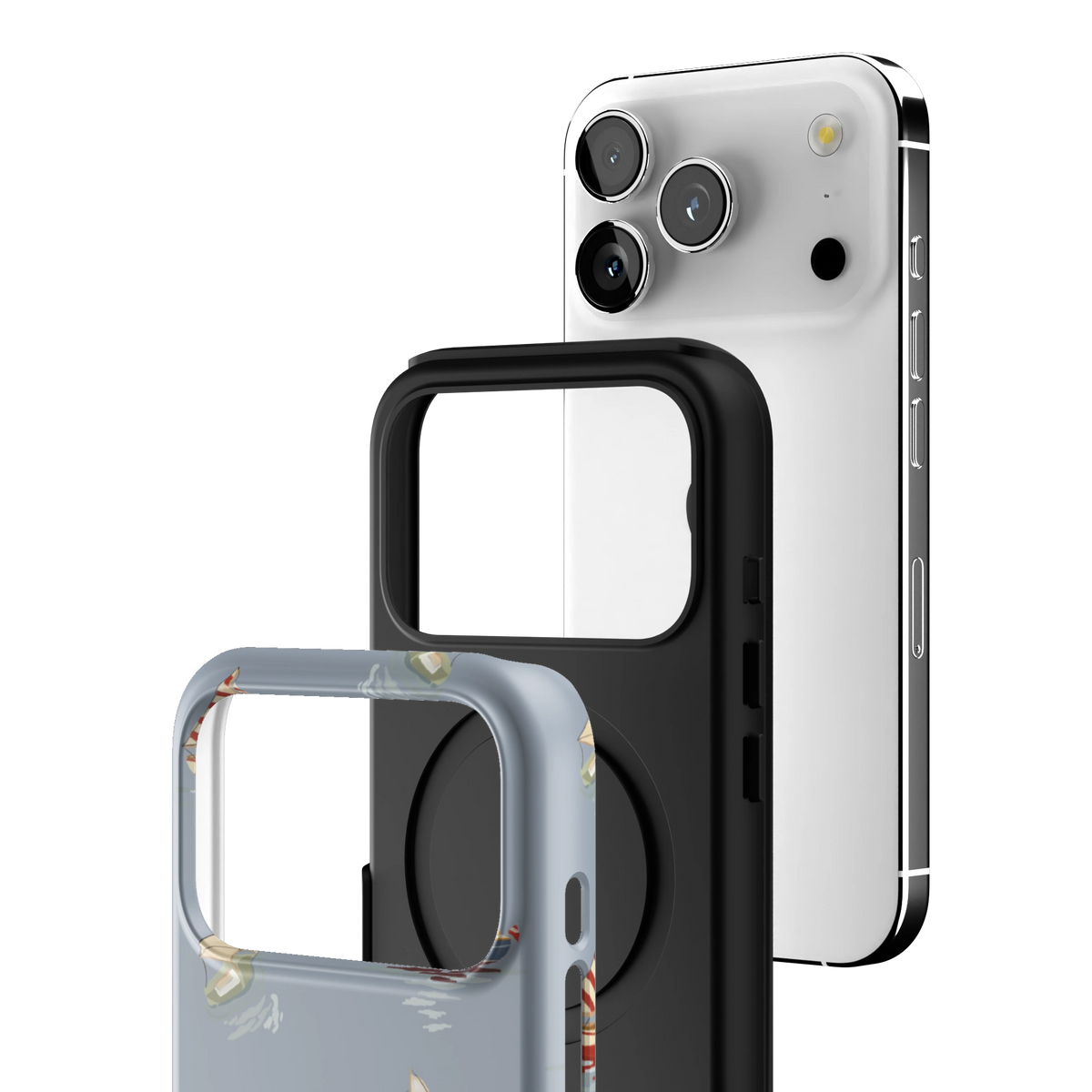 Exploded view of the Harbor iPhone 17 Pro case: printed shell, black inner layer with MagSafe ring, and phone