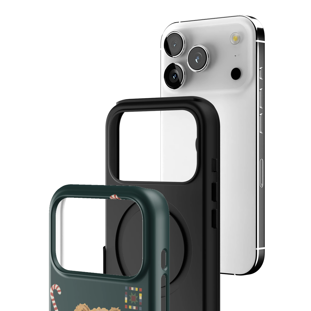 Exploded view of the Teddy Bear iPhone 17 Pro case: printed shell, black inner layer with MagSafe ring, and phone