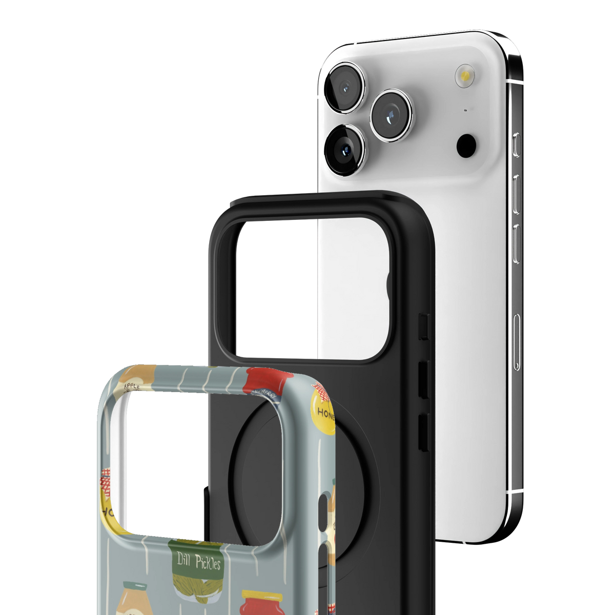 Exploded view of the Preserves Personalized iPhone 17 Pro case: printed shell, black inner layer with MagSafe ring, and phone