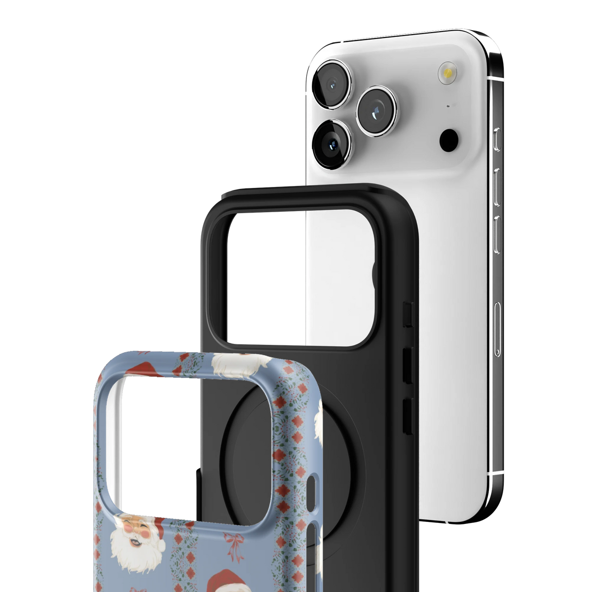 Exploded view of the Jolly iPhone 17 Pro case: printed shell, black inner layer with MagSafe ring, and phone