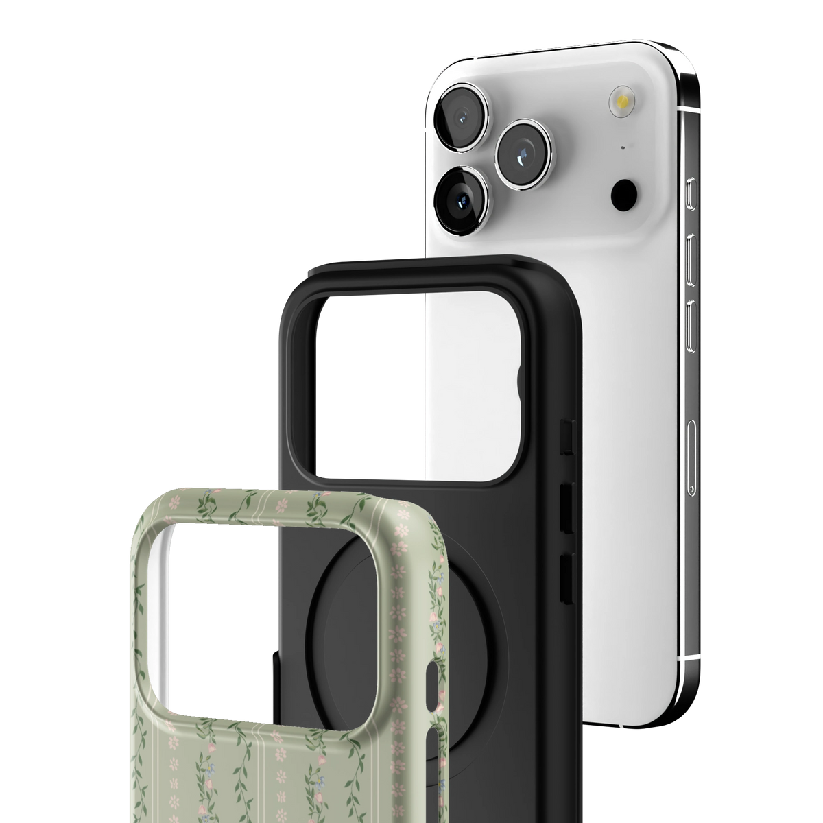 Exploded view of the Camellia iPhone 17 Pro case: printed shell, black inner layer with MagSafe ring, and phone
