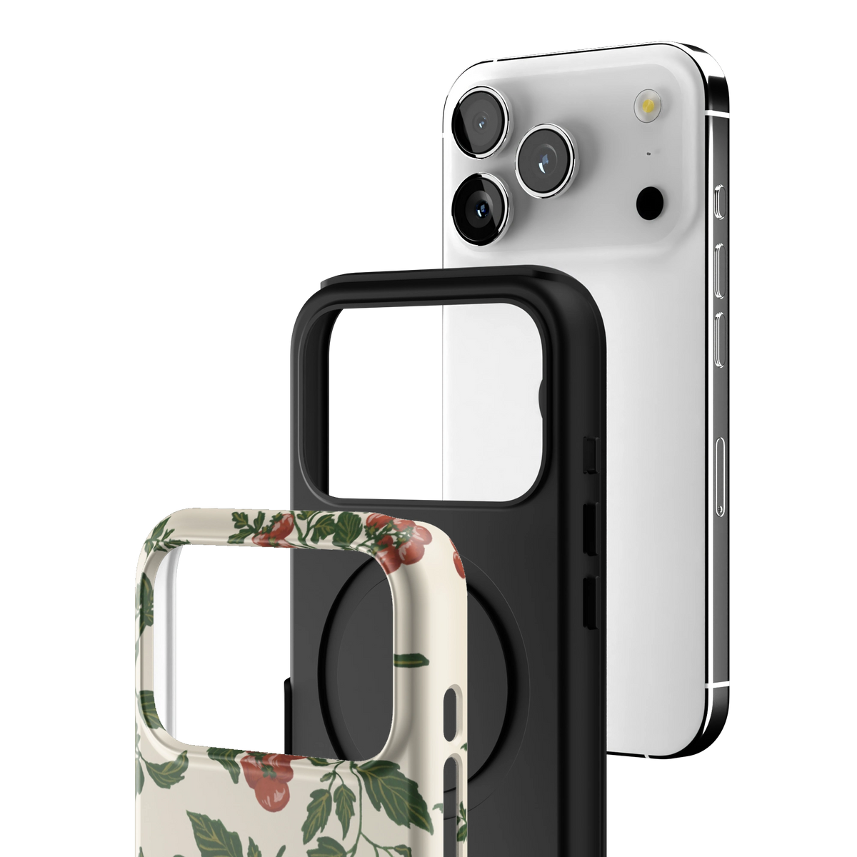 Exploded view of the Tomato Vines iPhone 17 Pro case: printed shell, black inner layer with MagSafe ring, and phone