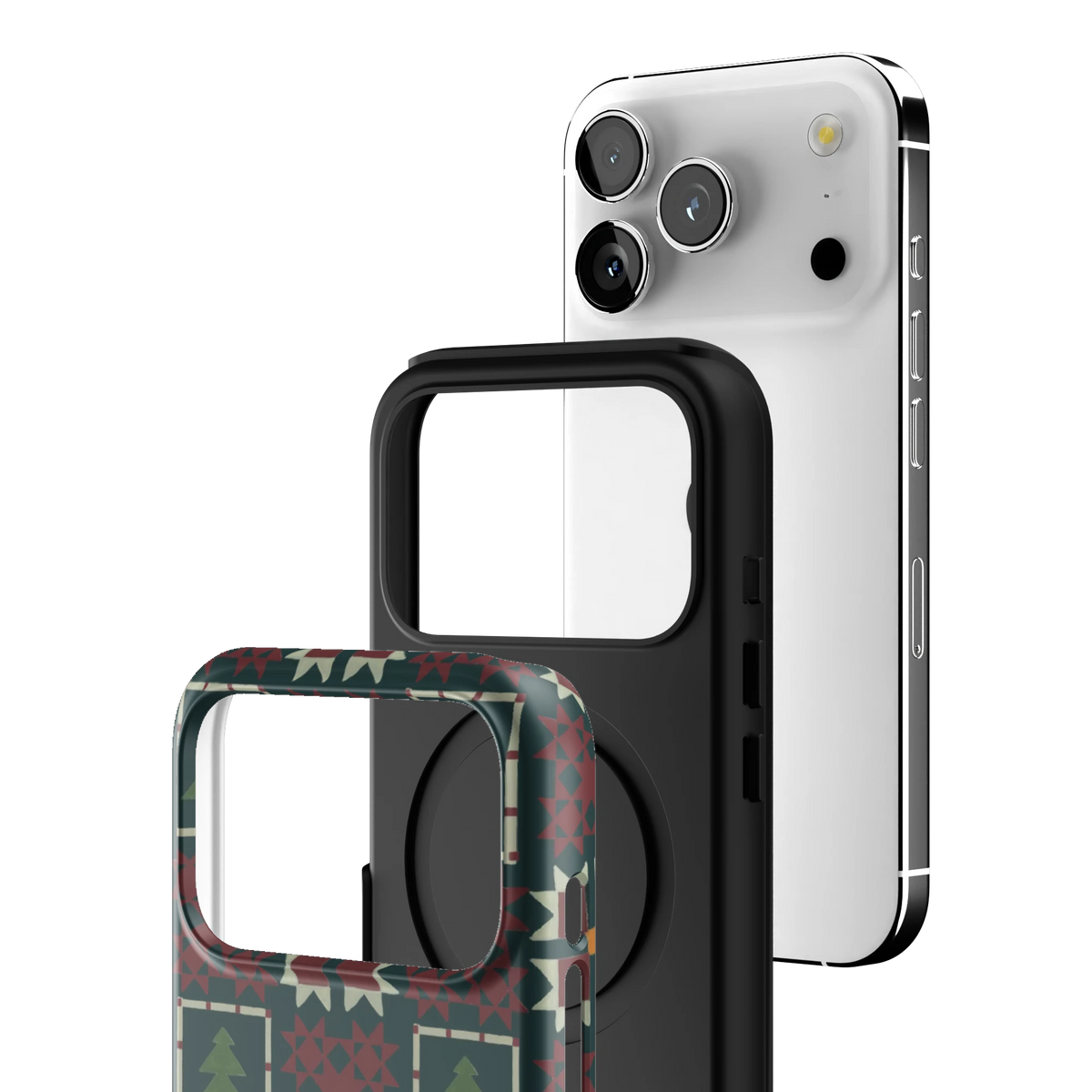 Exploded view of the Evergreen Personalized iPhone 17 Pro case: printed shell, black inner layer with MagSafe ring, and phone
