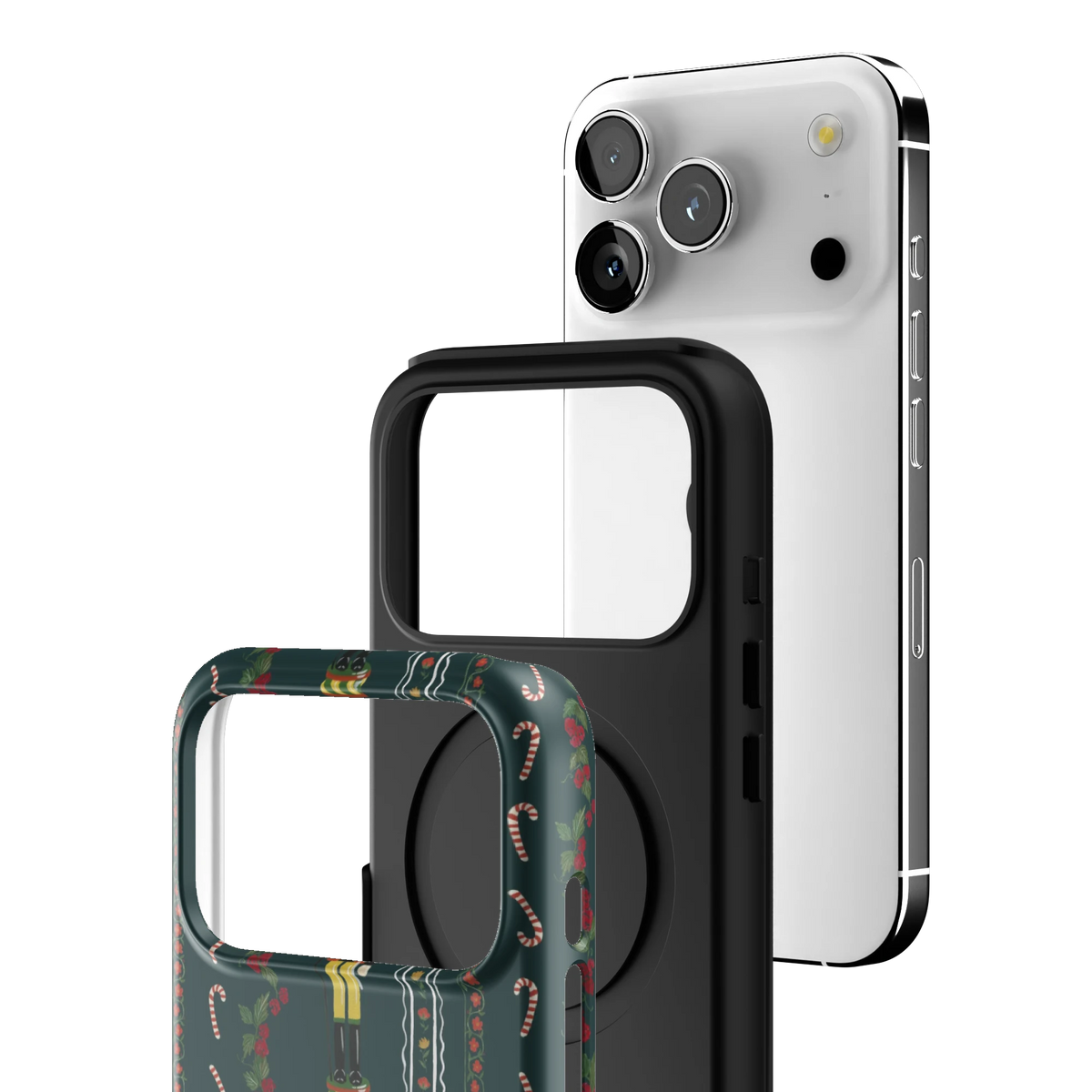 Exploded view of the Nutcracker iPhone 17 Pro case: printed shell, black inner layer with MagSafe ring, and phone