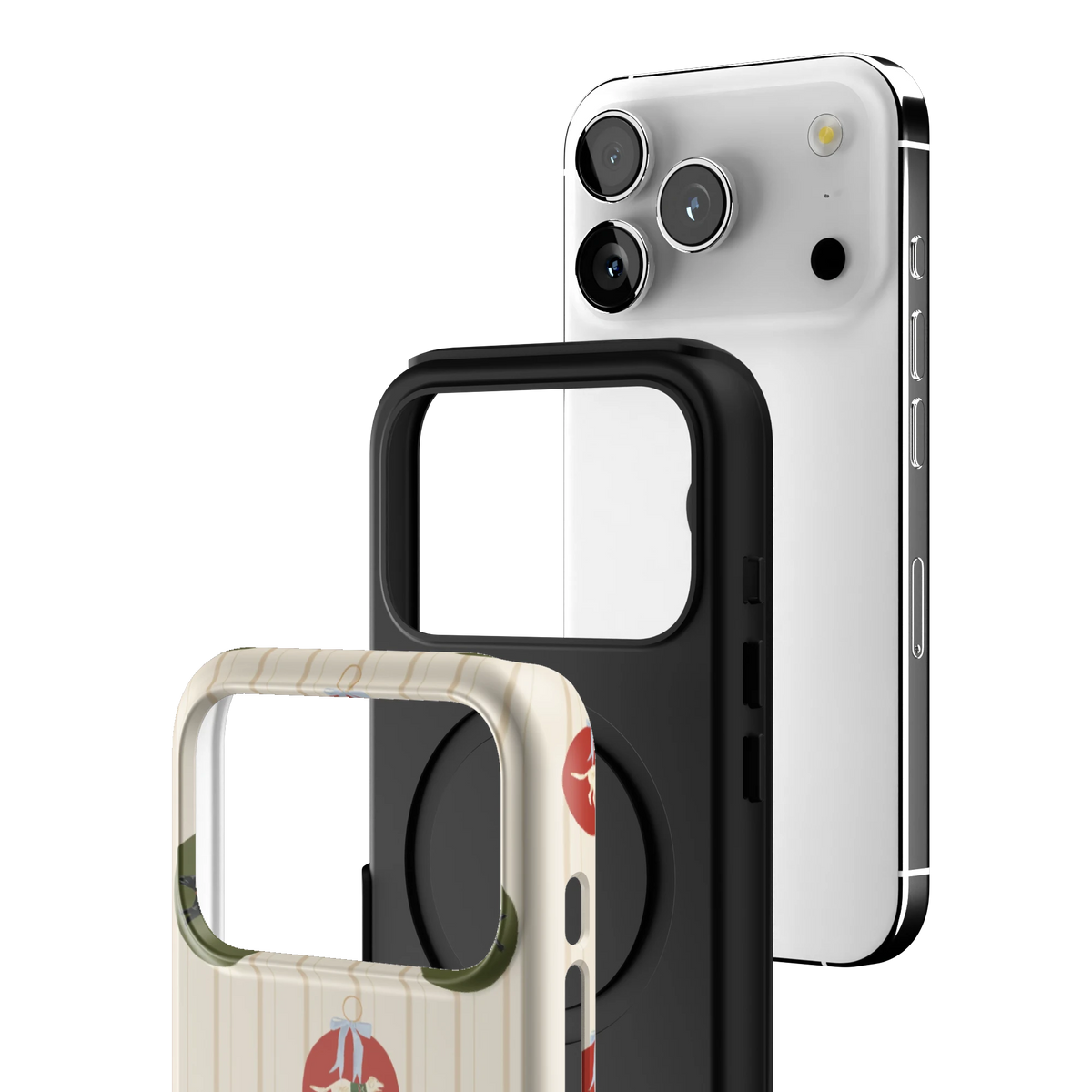 Exploded view of the Festive Dogs iPhone 17 Pro case: printed shell, black inner layer with MagSafe ring, and phone