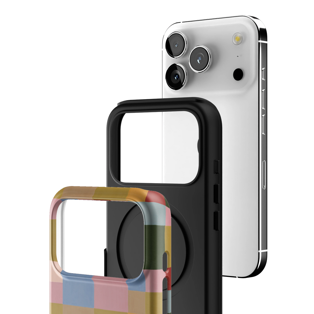 Exploded view of the Colorblock iPhone 17 Pro case: printed shell, black inner layer with MagSafe ring, and phone