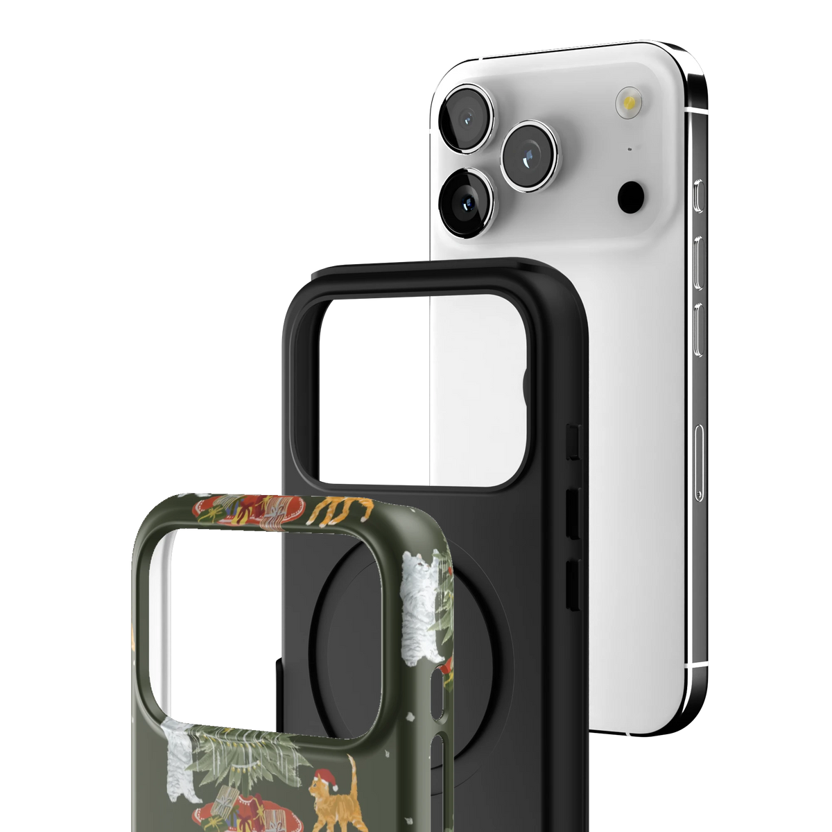 Exploded view of the Festive Cats iPhone 17 Pro case: printed shell, black inner layer with MagSafe ring, and phone