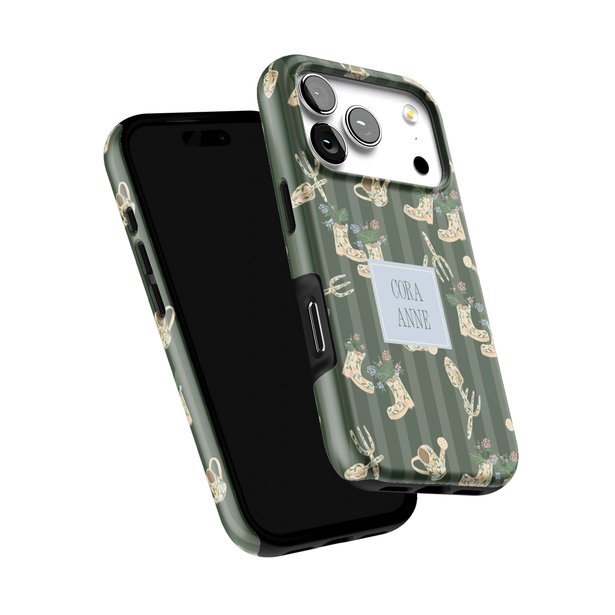 In the Garden Personalized iPhone 17 Pro case tilted to show the raised edges around the screen and camera