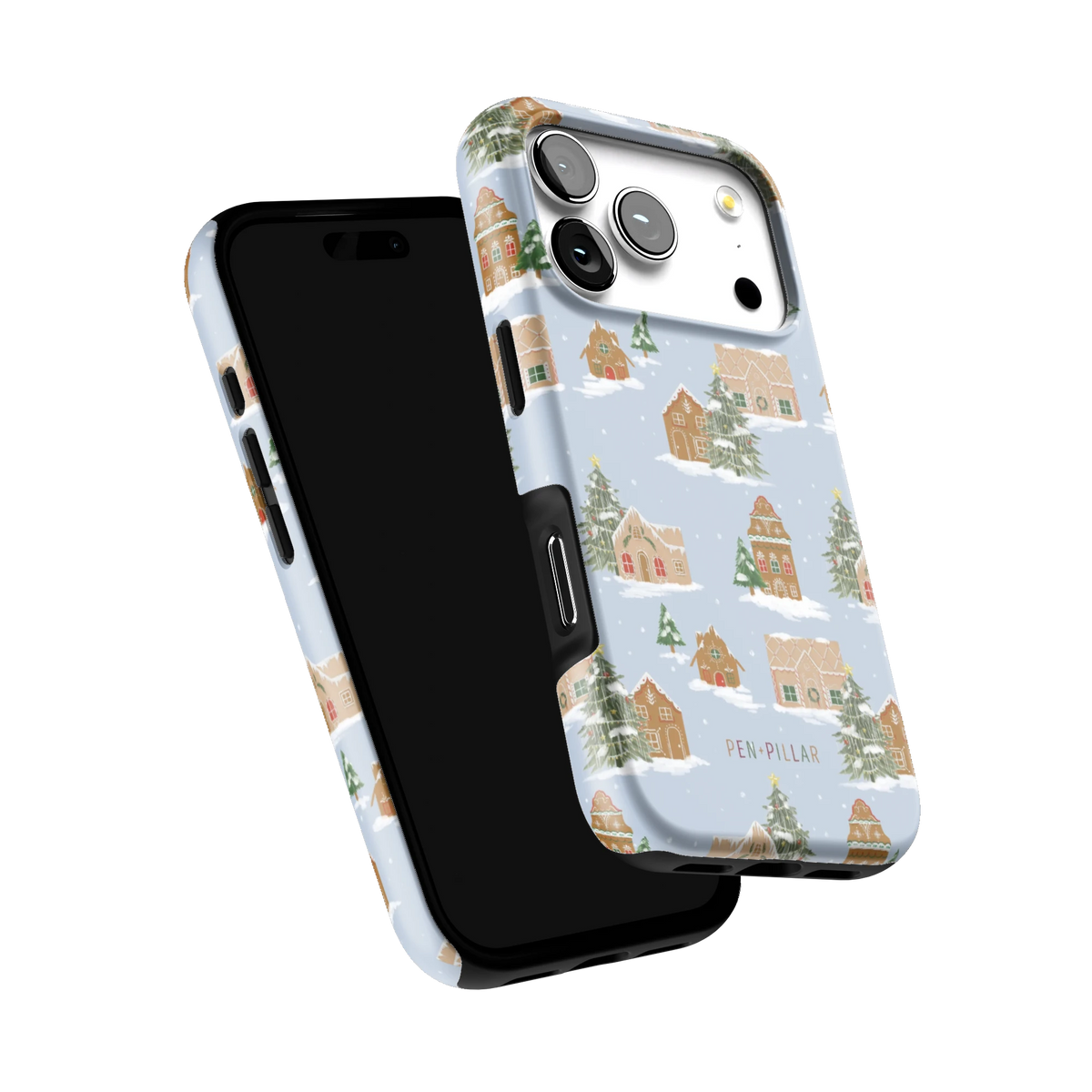 Gingerbread Village iPhone 17 Pro case tilted to show the raised edges around the screen and camera