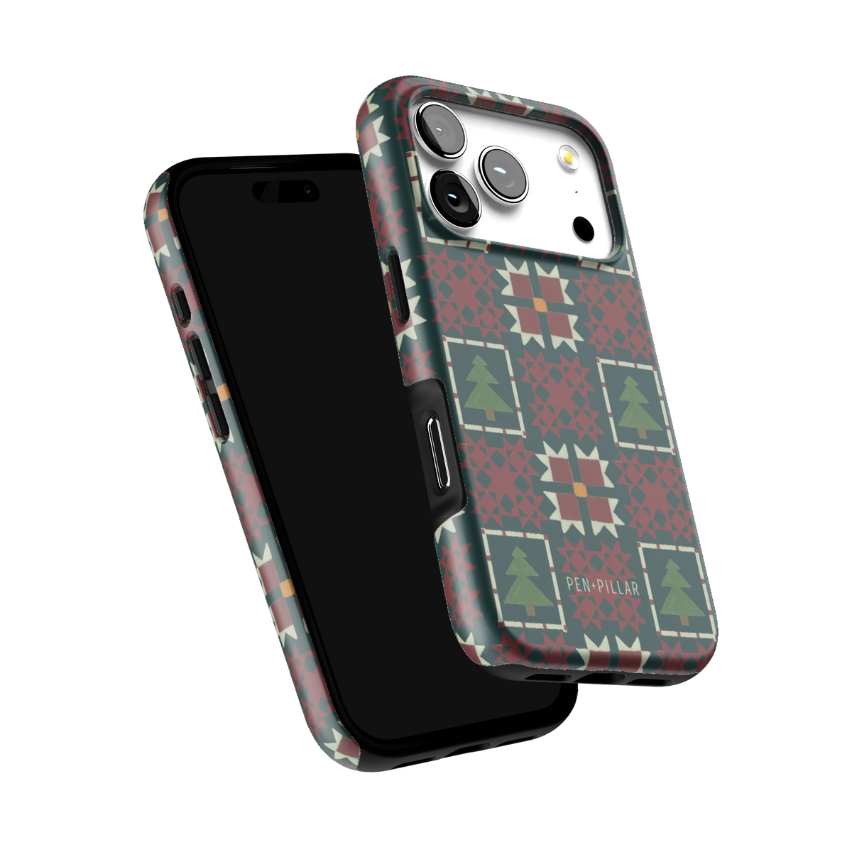 Evergreen iPhone 17 Pro case tilted to show the raised edges around the screen and camera