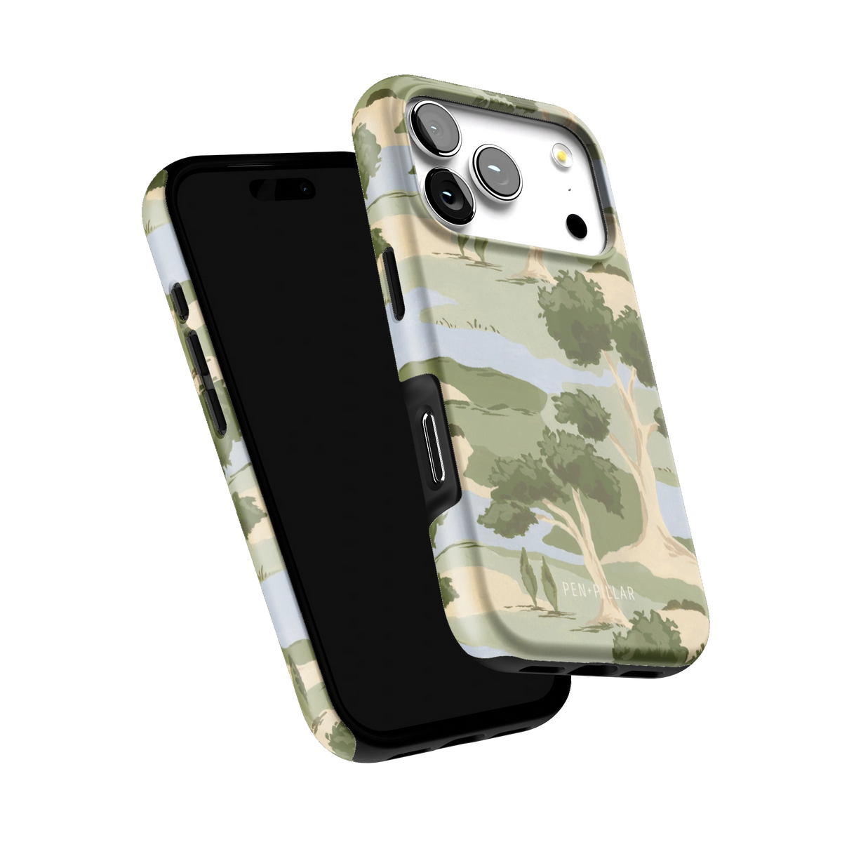 Orchard iPhone 17 Pro case tilted to show the raised edges around the screen and camera