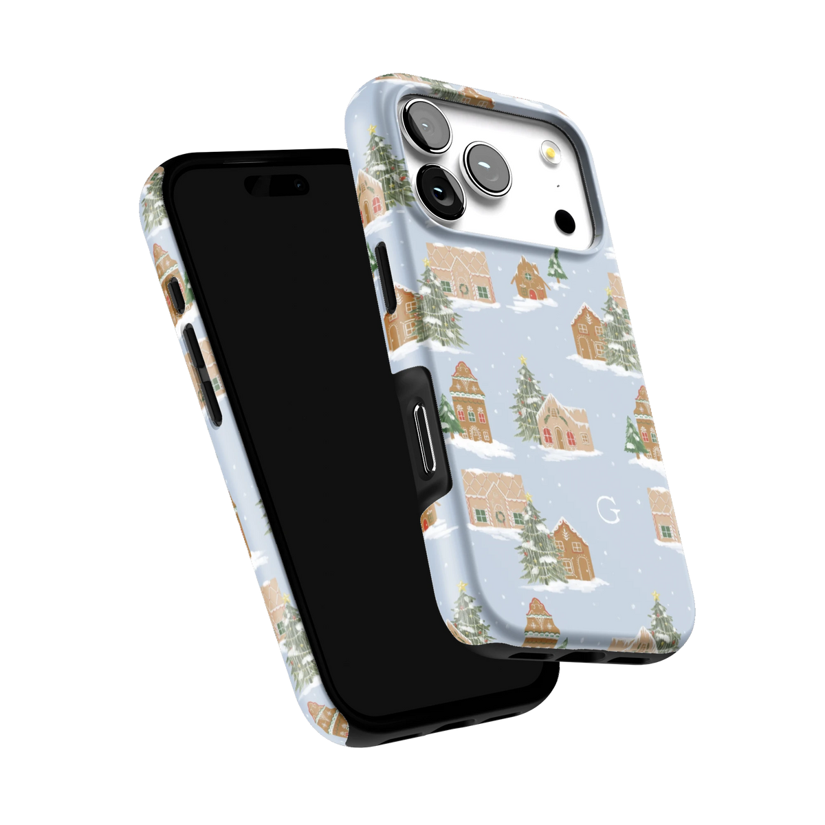 Gingerbread Village Personalized iPhone 17 Pro case tilted to show the raised edges around the screen and camera