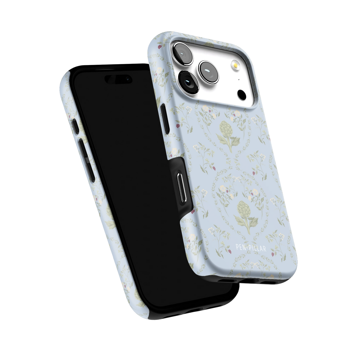 Artichoke iPhone 17 Pro case tilted to show the raised edges around the screen and camera