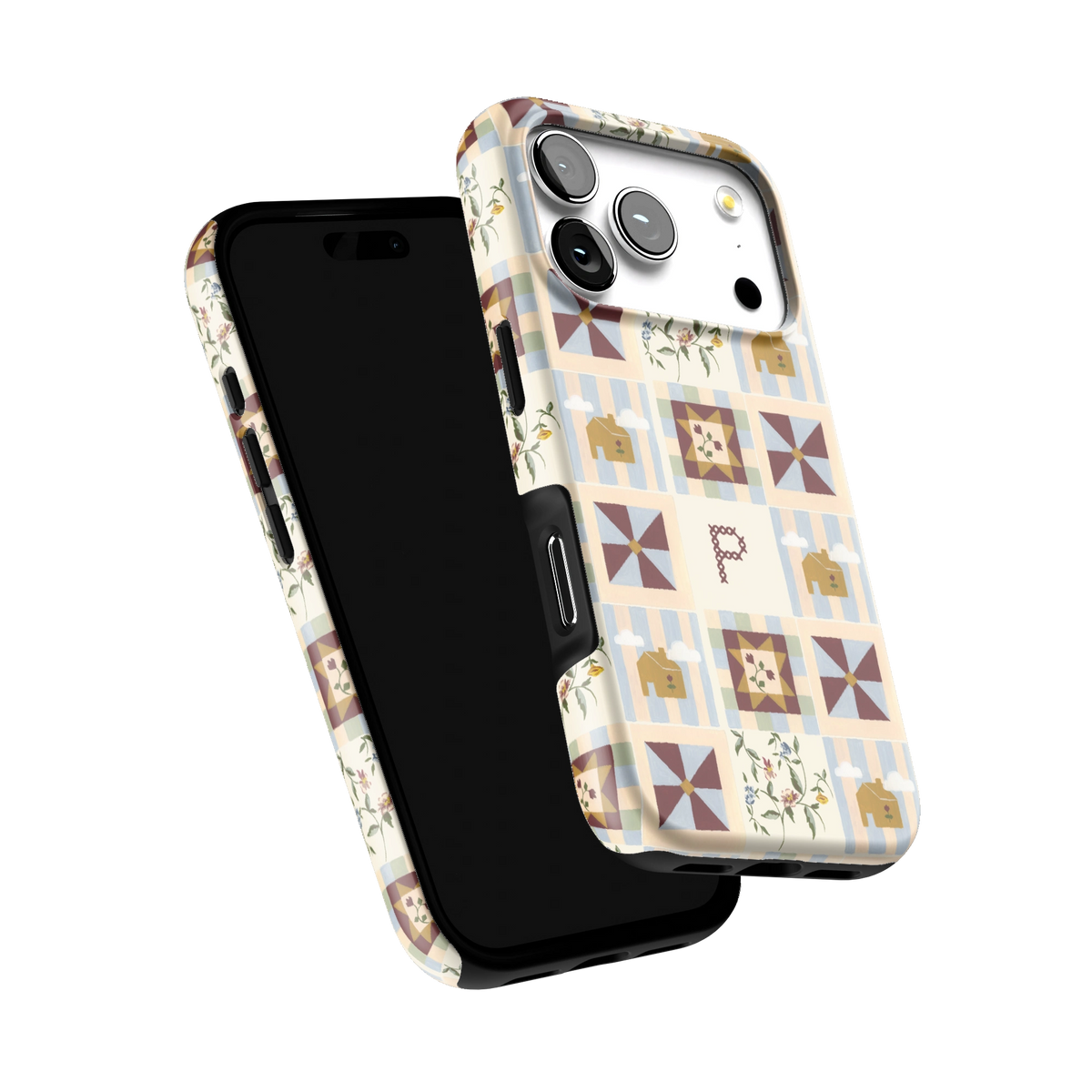 Pinwheel Personalized iPhone 17 Pro case tilted to show the raised edges around the screen and camera