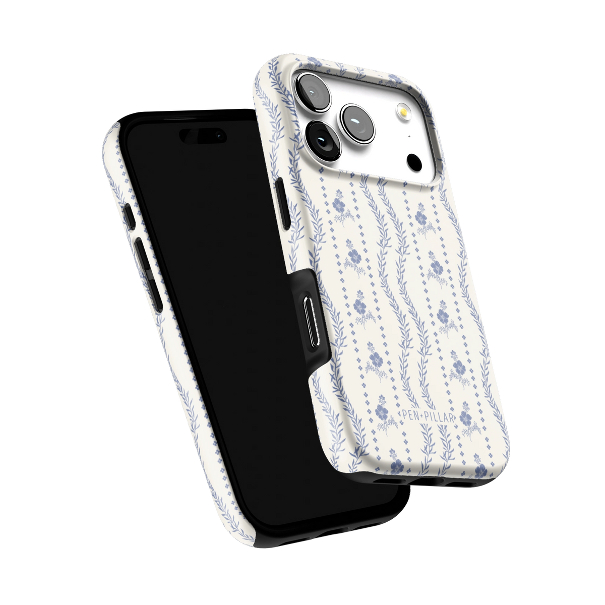 Riviera iPhone 17 Pro case tilted to show the raised edges around the screen and camera