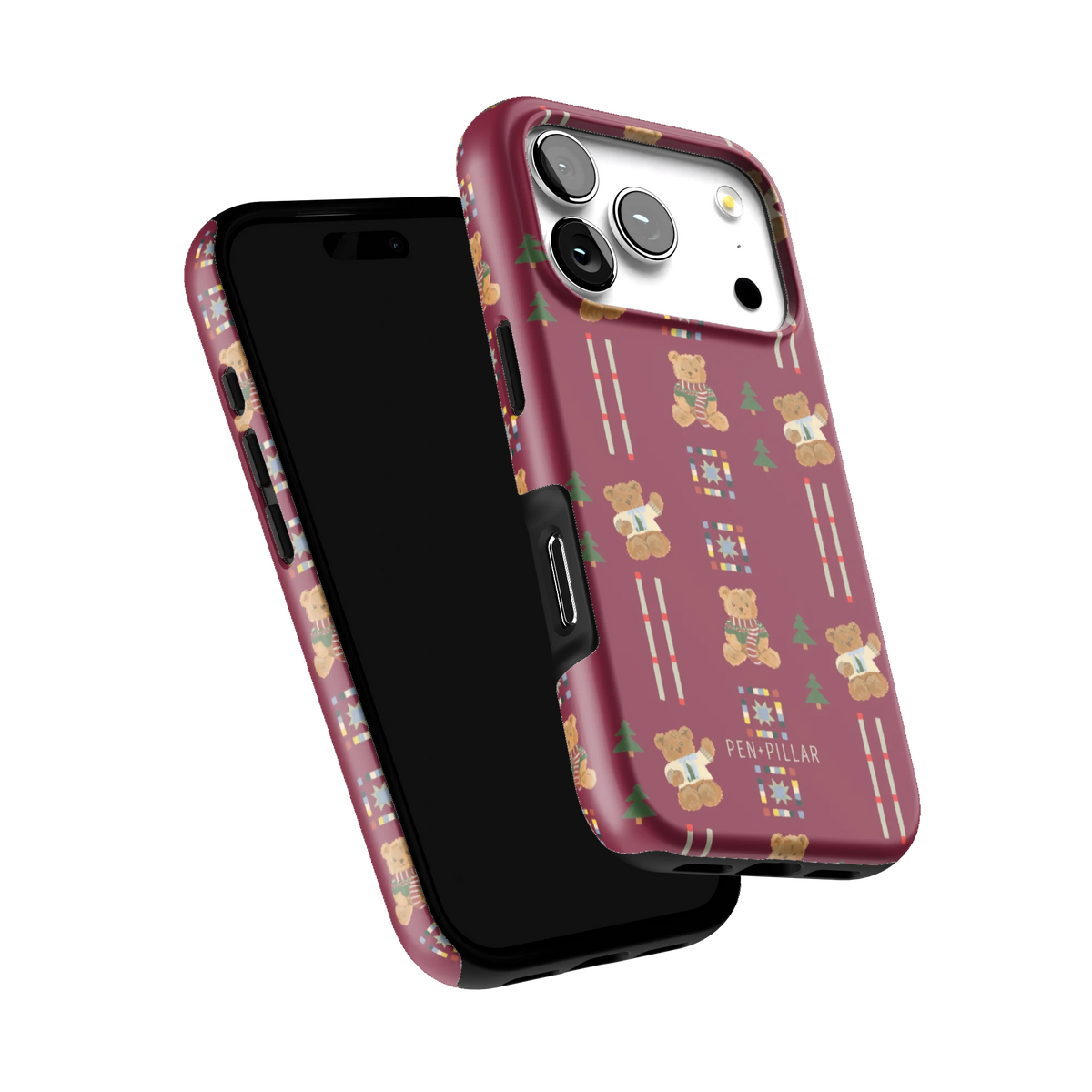 Teddy iPhone 17 Pro case tilted to show the raised edges around the screen and camera