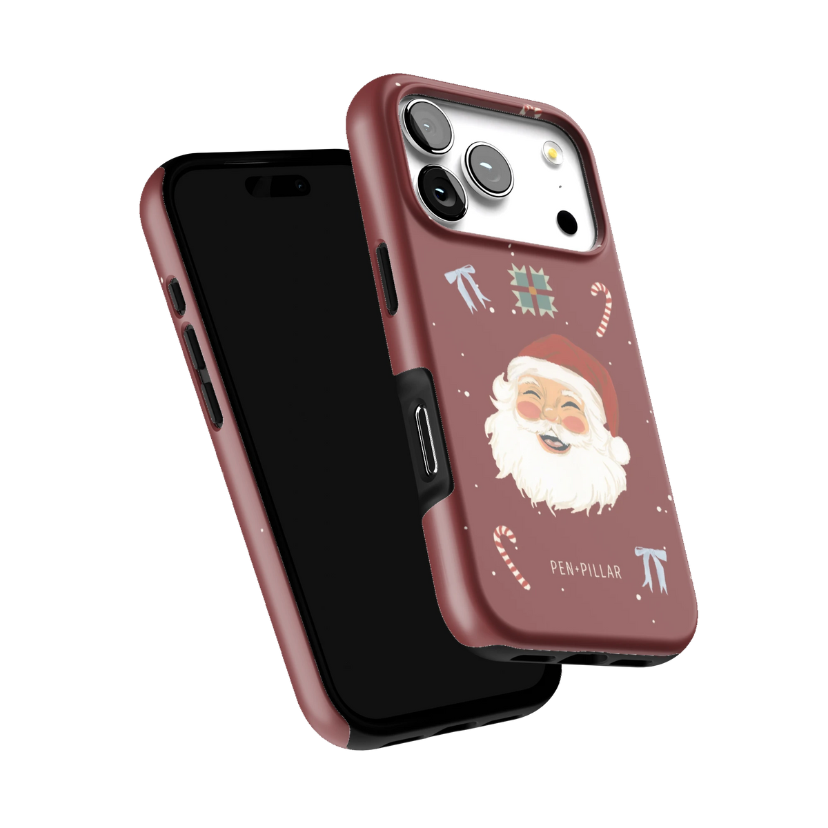 Santa iPhone 17 Pro case tilted to show the raised edges around the screen and camera