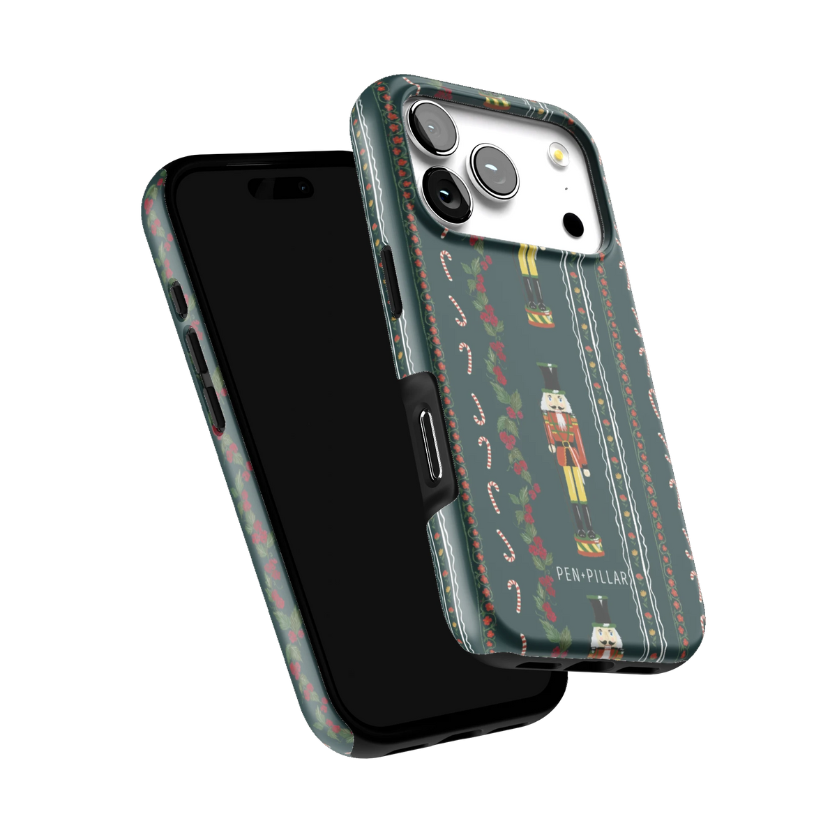 Nutcracker iPhone 17 Pro case tilted to show the raised edges around the screen and camera