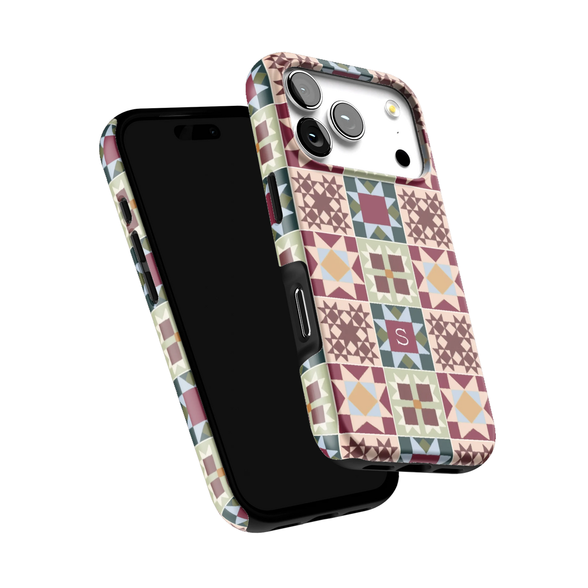 Sugarplum Personalized iPhone 17 Pro case tilted to show the raised edges around the screen and camera