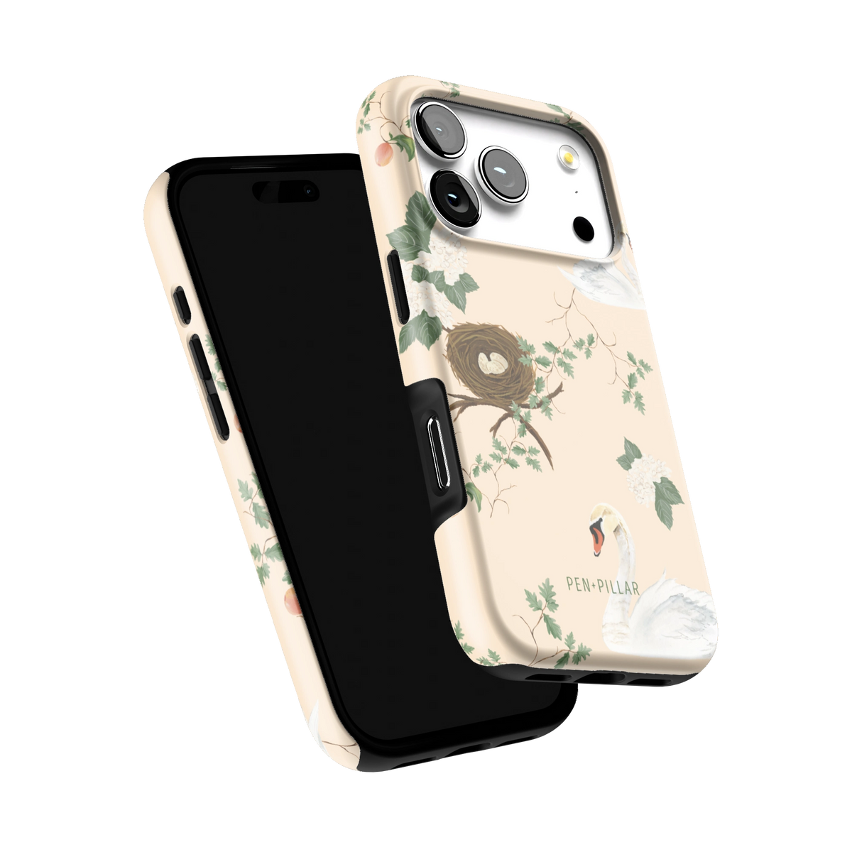 Swan Hollow iPhone 17 Pro case tilted to show the raised edges around the screen and camera