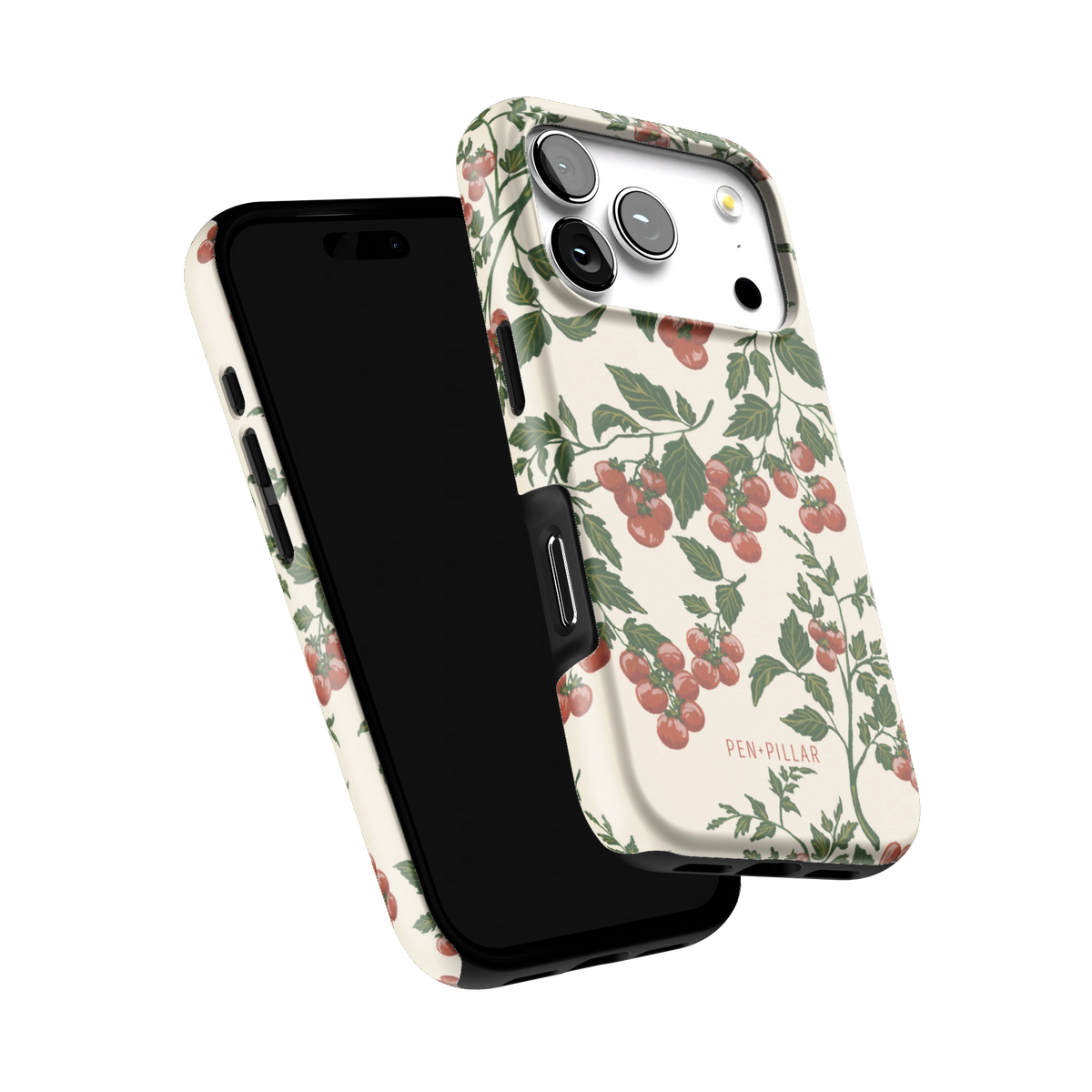 Tomato Vines iPhone 17 Pro case tilted to show the raised edges around the screen and camera