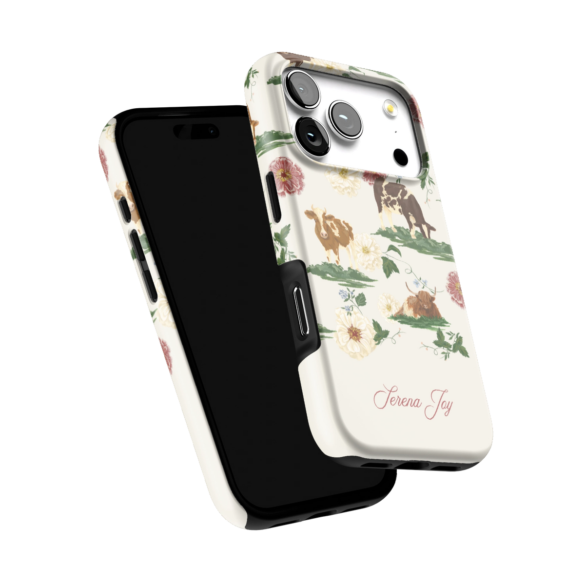Pasture Personalized iPhone 17 Pro case tilted to show the raised edges around the screen and camera
