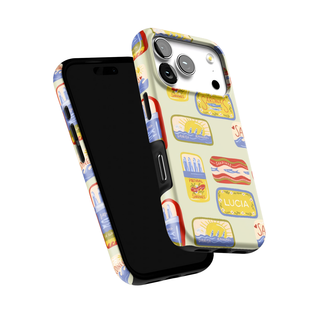Sardines Personalized iPhone 17 Pro case tilted to show the raised edges around the screen and camera