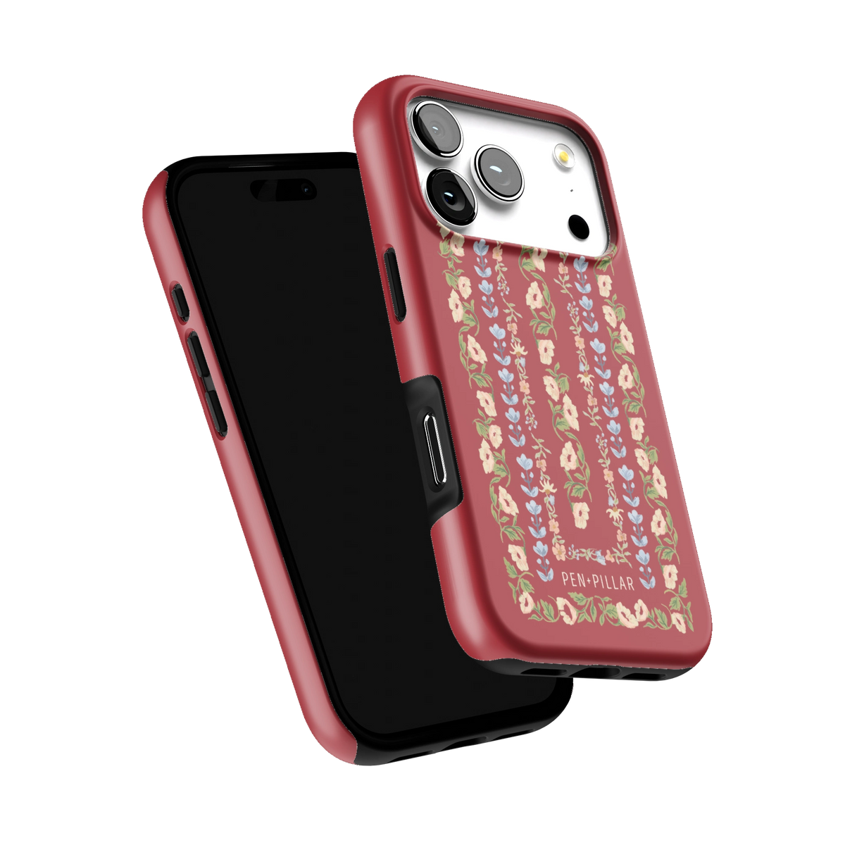 Fiona iPhone 17 Pro case tilted to show the raised edges around the screen and camera