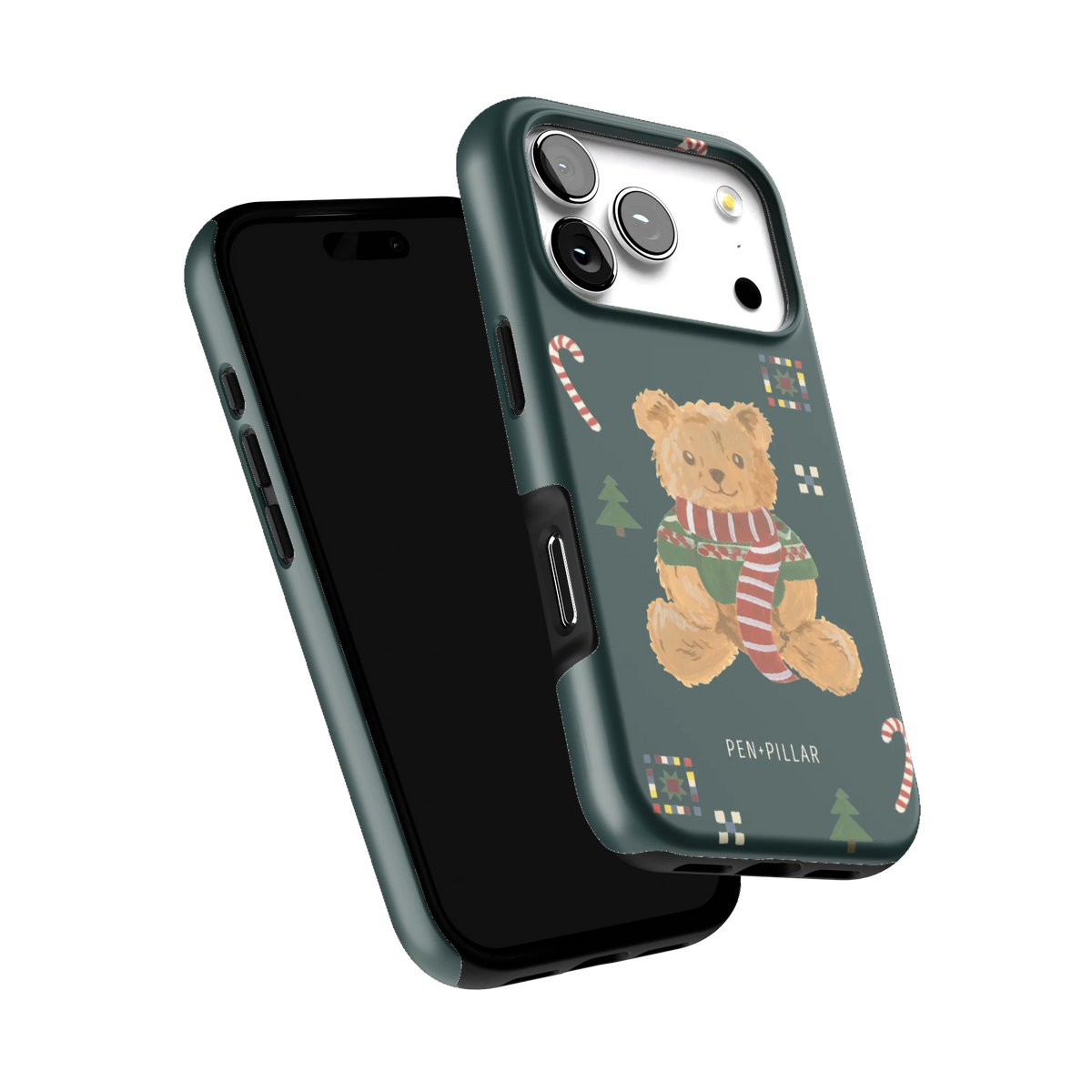 Teddy Bear iPhone 17 Pro case tilted to show the raised edges around the screen and camera