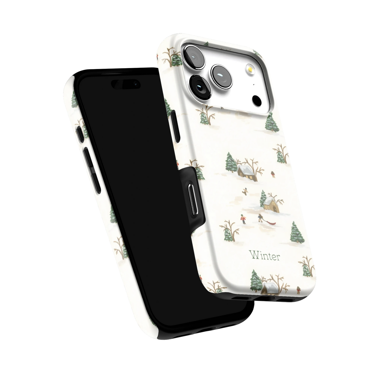 Winter Village Personalized iPhone 17 Pro case tilted to show the raised edges around the screen and camera