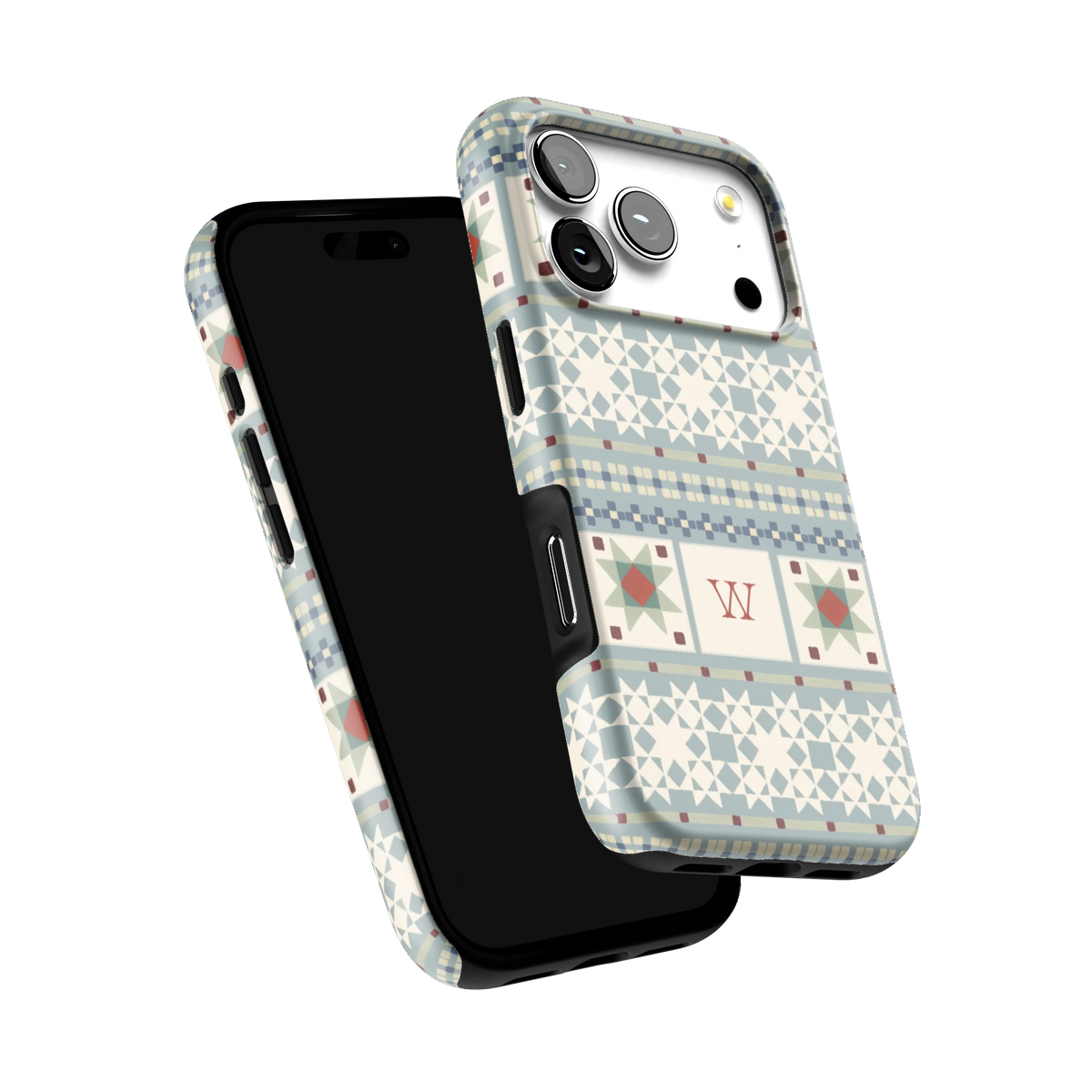 Winterberry Personalized iPhone 17 Pro case tilted to show the raised edges around the screen and camera
