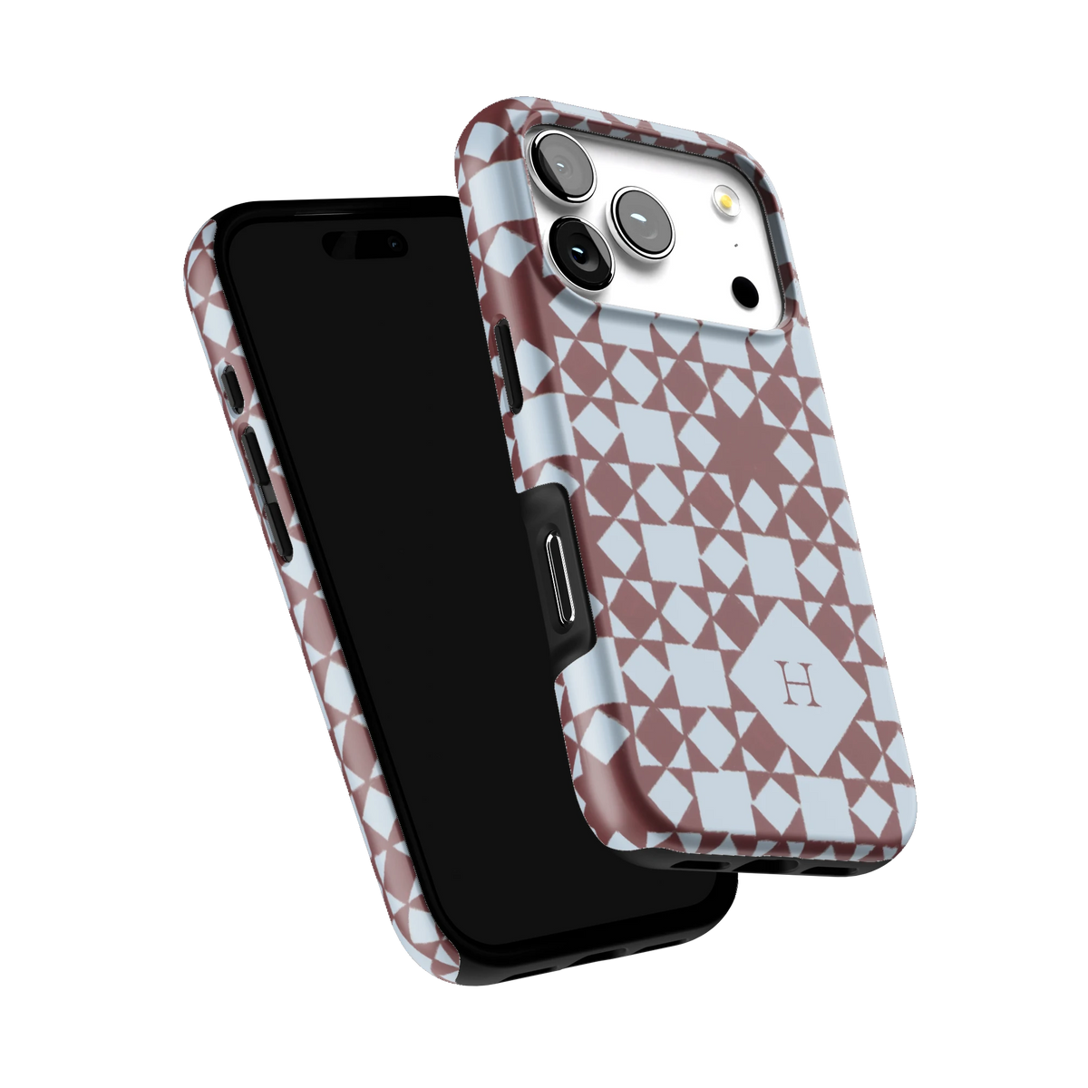 Homespun Personalized iPhone 17 Pro case tilted to show the raised edges around the screen and camera