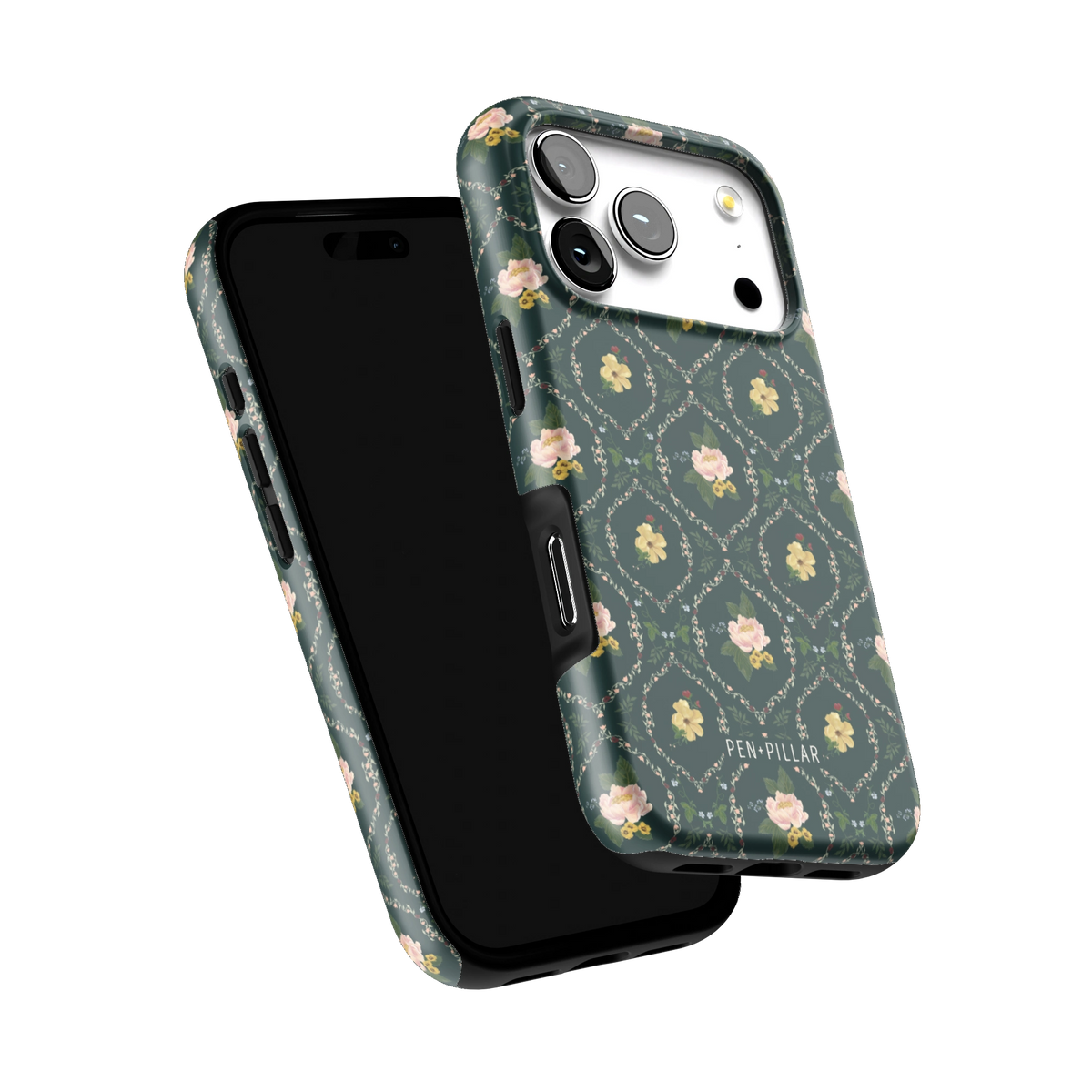 Meadow iPhone 17 Pro case tilted to show the raised edges around the screen and camera