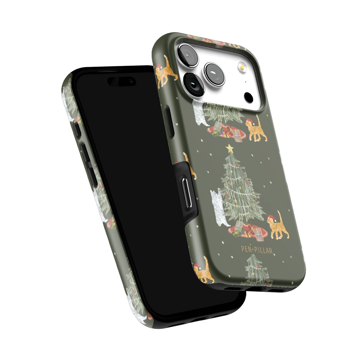 Festive Cats iPhone 17 Pro case tilted to show the raised edges around the screen and camera