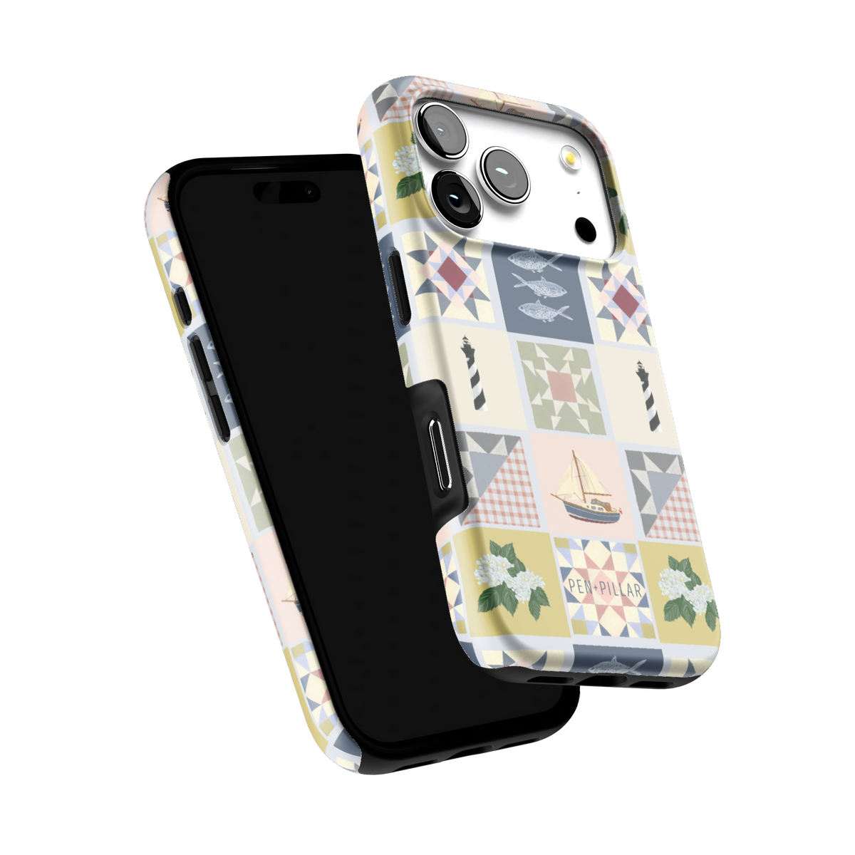 Coastal Quilt iPhone 17 Pro case tilted to show the raised edges around the screen and camera