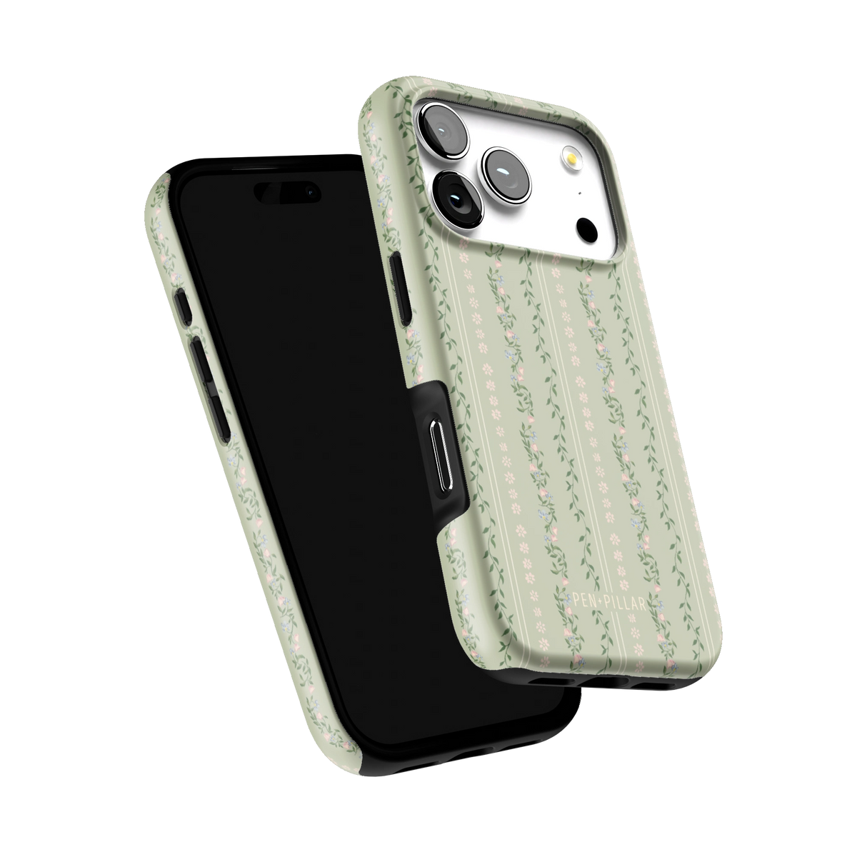 Camellia iPhone 17 Pro case tilted to show the raised edges around the screen and camera