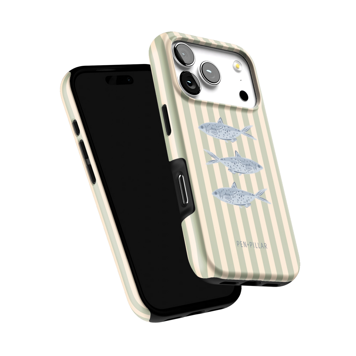 Sea Stripes iPhone 17 Pro case tilted to show the raised edges around the screen and camera