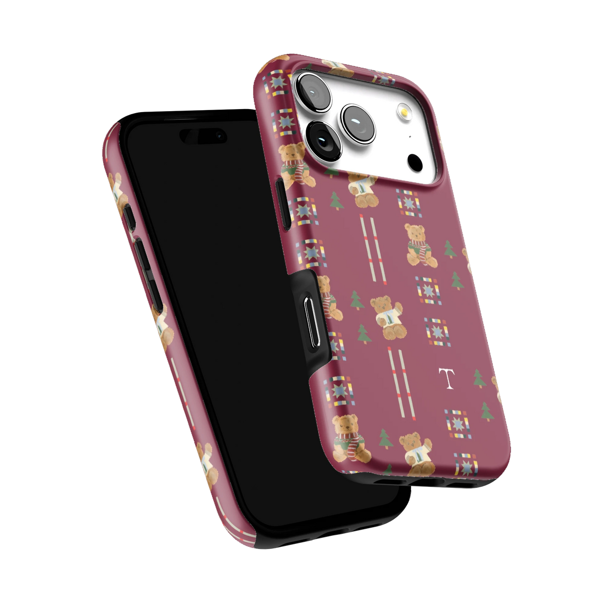 Teddy Personalized iPhone 17 Pro case tilted to show the raised edges around the screen and camera