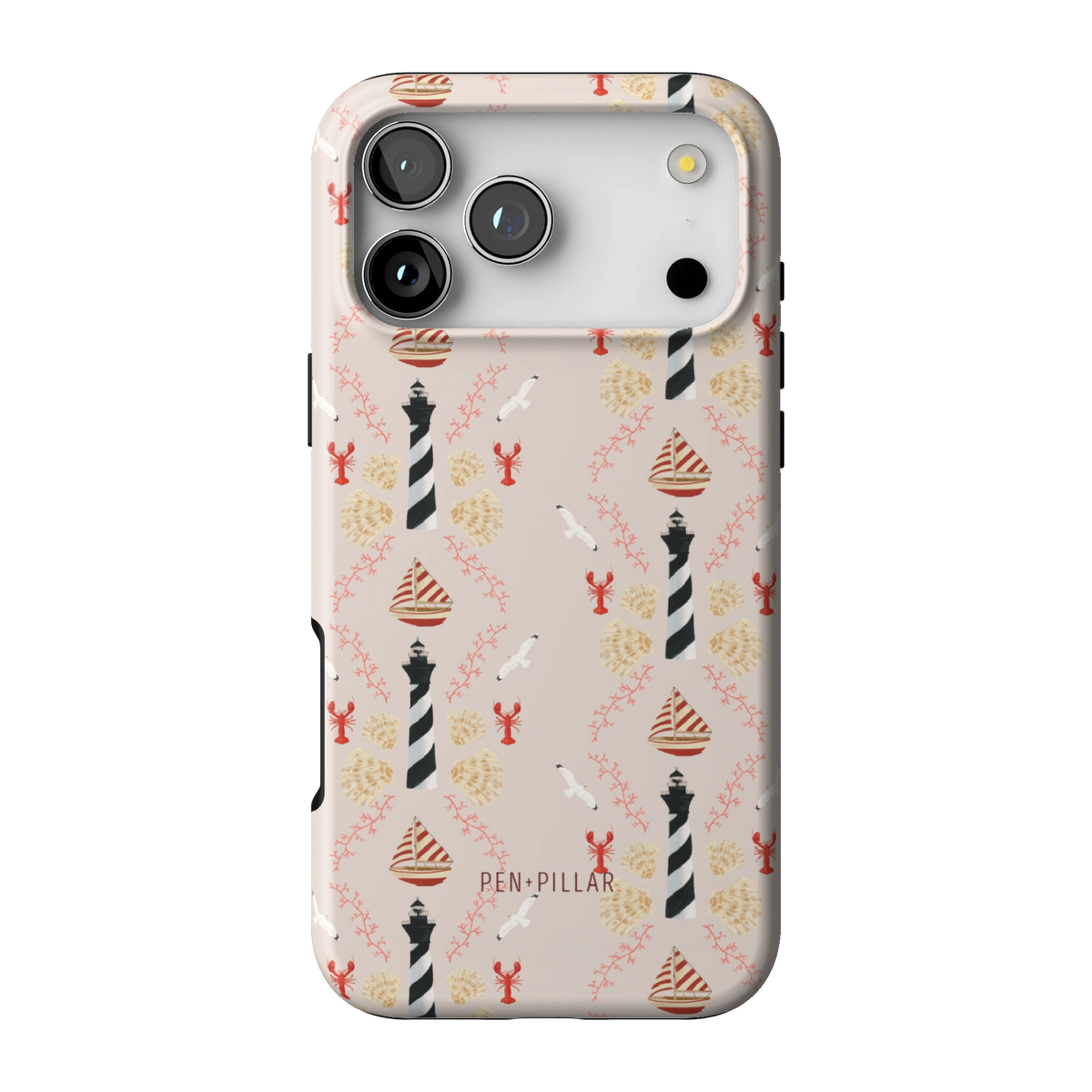 Lighthouse case on iPhone 17 Pro Max, back view: striped lighthouses, lobsters and seashells on blush