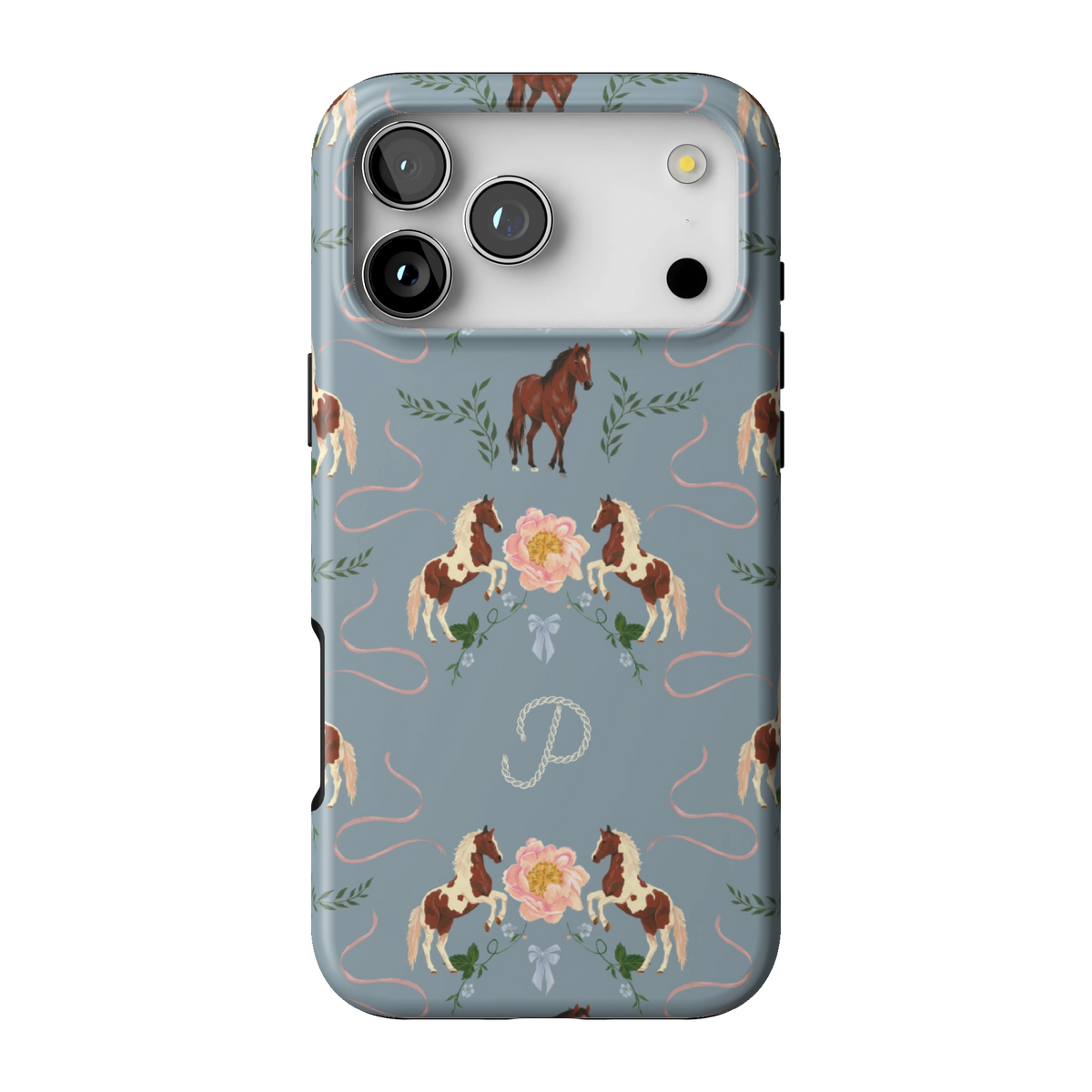 Prairie Personalized case on iPhone 17 Pro Max, back view: horses and blush florals on dusty blue with the initial P