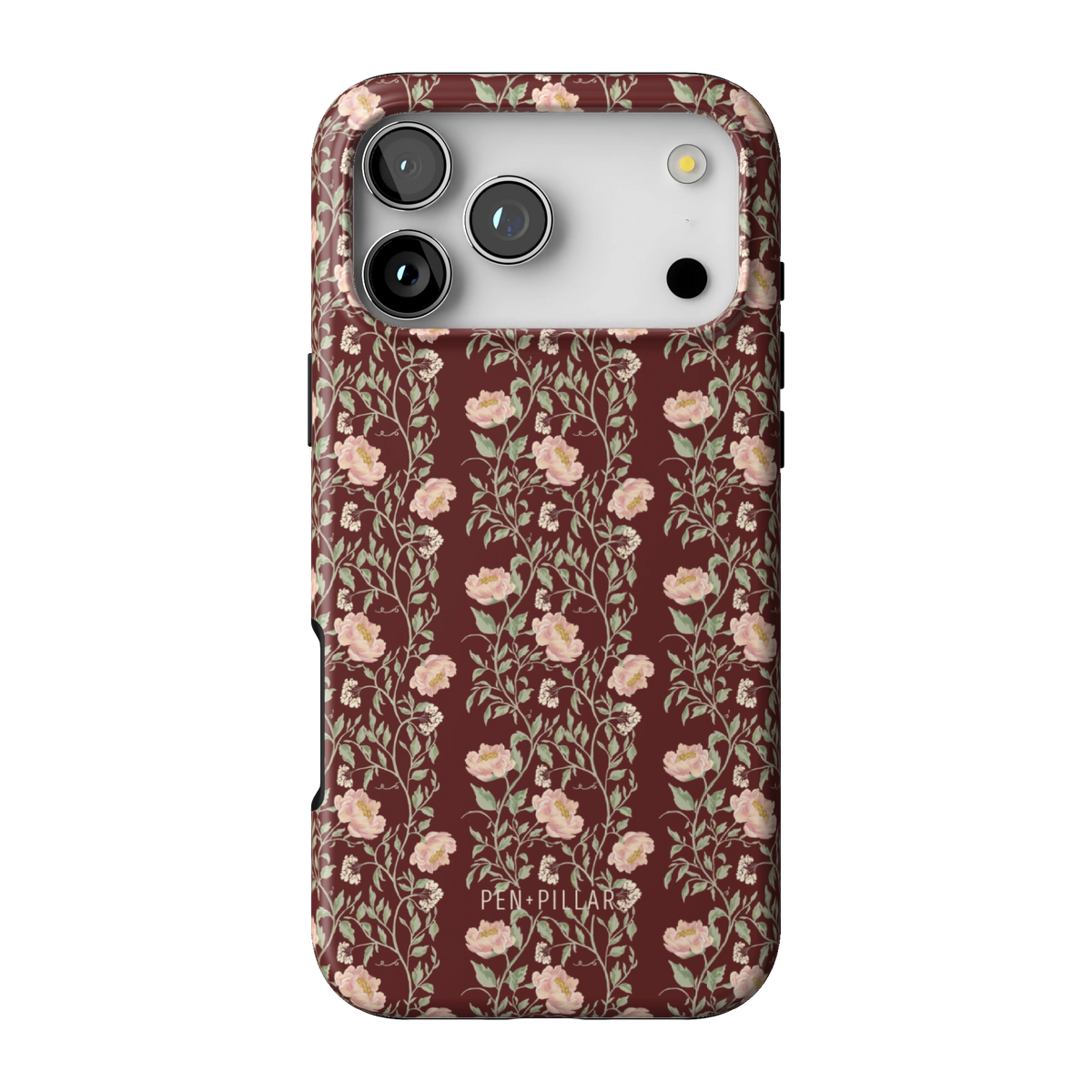 Thicket case on iPhone 17 Pro Max, back view: dense blush and cream florals on deep burgundy
