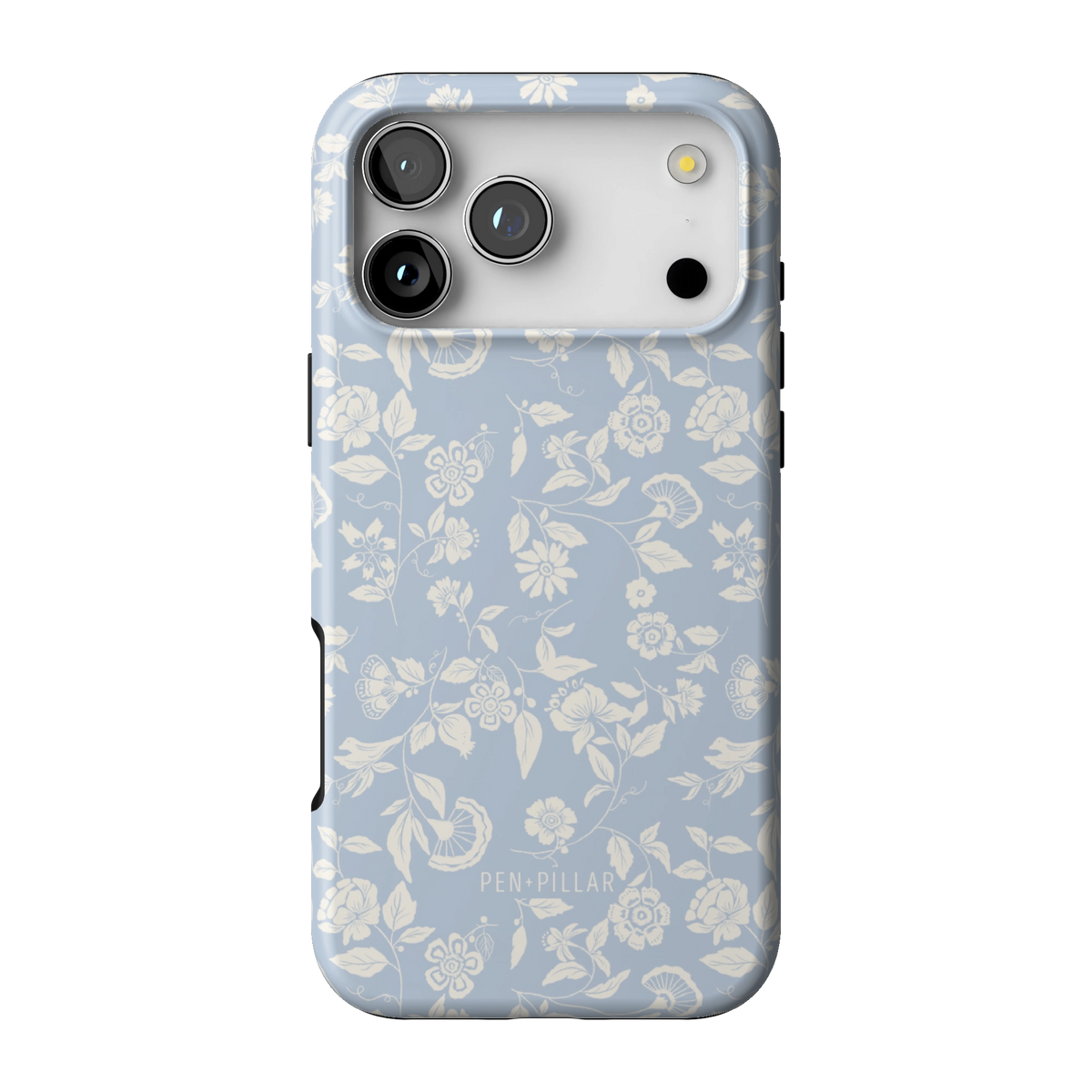 Spritz case on iPhone 17 Pro Max, back view: white florals on soft blue