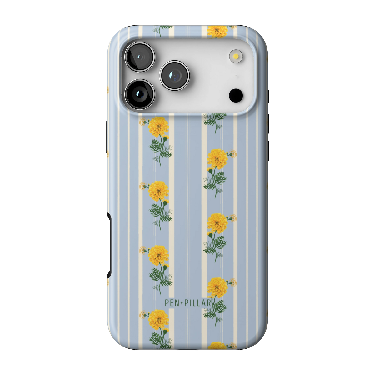 October Birth Month case on iPhone 17 Pro Max, back view: yellow marigolds on blue and cream stripes